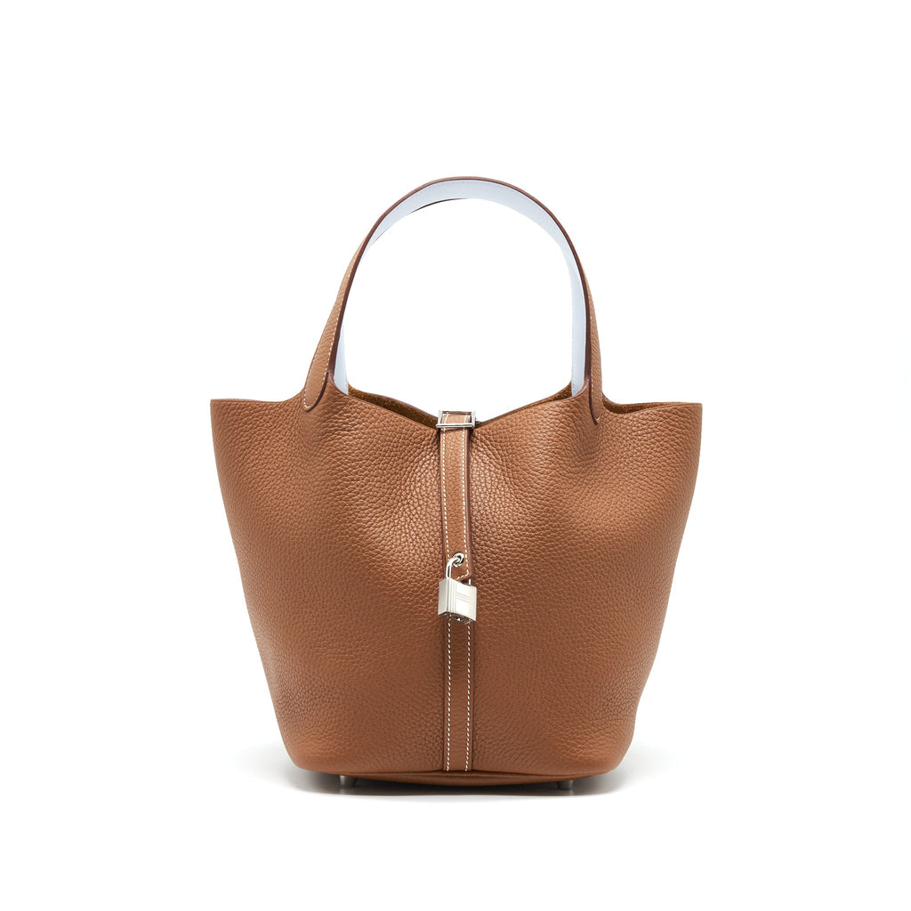 HERMES PICOTIN 22 LOCK BAG GOLD WITH BLUE BRUME HANDLE SHW