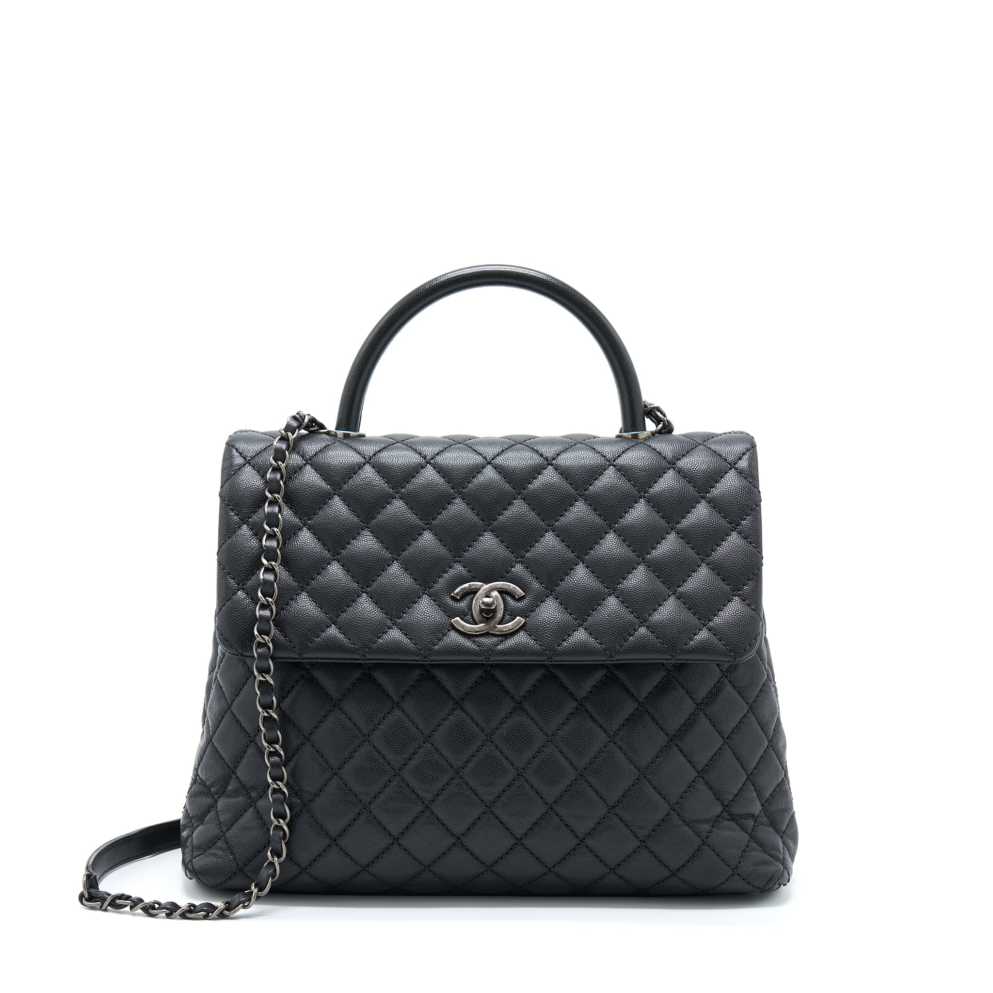 CHANEL COCO HANDLE FLAP BAG CAVIAR BLACK RUTHENIUM HARDWARE