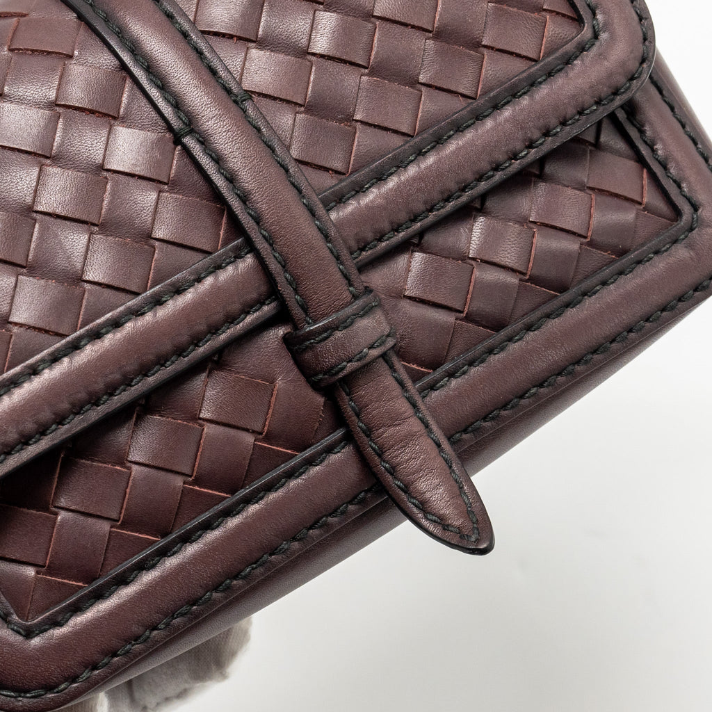 BOTTEGA VENETA MINI INTRECCIATO FLAP BAG LEATHER DARK BROWN WITH BLACK HARDWARE