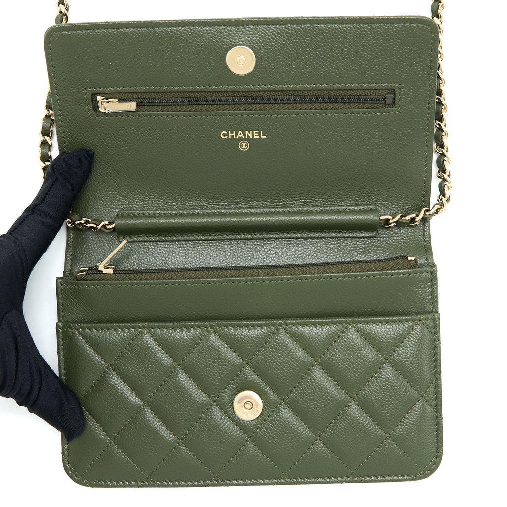 CHANEL 22K WALLET ON CHAIN CAVIAR DARK GREEN LGHW (MICROCHIP)