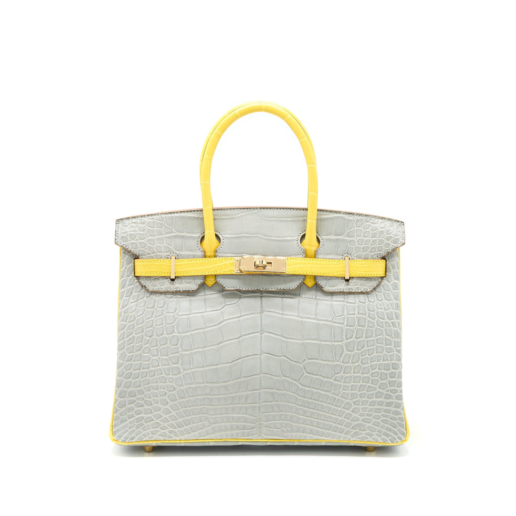 HERMES BIRKIN 30 SPECIAL ORDER ALLIGATOR MISSISSIPPIENSIS MAT GRIS PERLE/MIMOSA LGHW