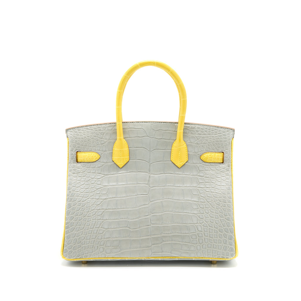 HERMES BIRKIN 30 SPECIAL ORDER ALLIGATOR MISSISSIPPIENSIS MAT GRIS PERLE/MIMOSA LGHW