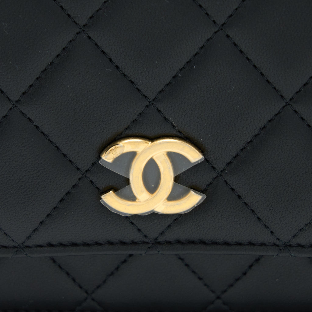 CHANEL TOP HANDLE WALLET ON CHAIN LAMBSKIN BLACK BRUSHED GHW (MICROCHIP)
