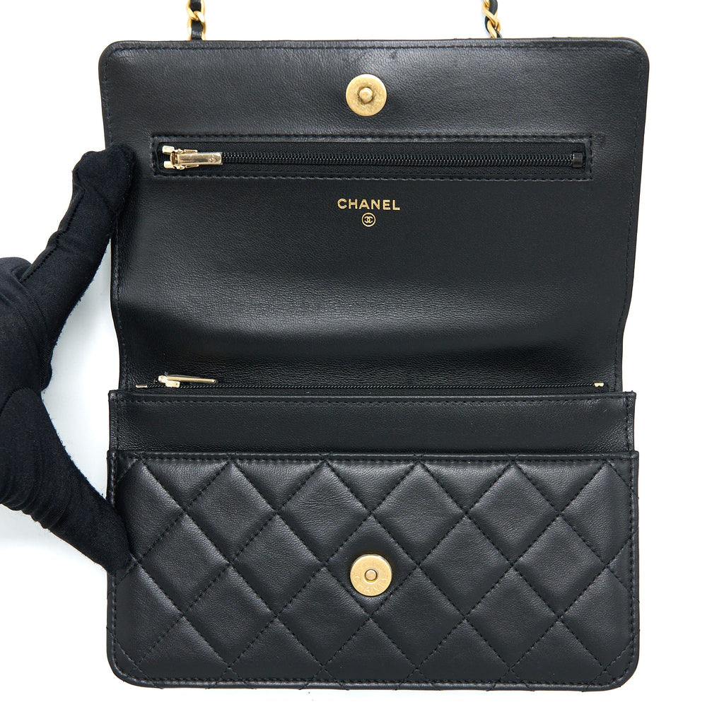 CHANEL TOP HANDLE WALLET ON CHAIN LAMBSKIN BLACK BRUSHED GHW (MICROCHIP)