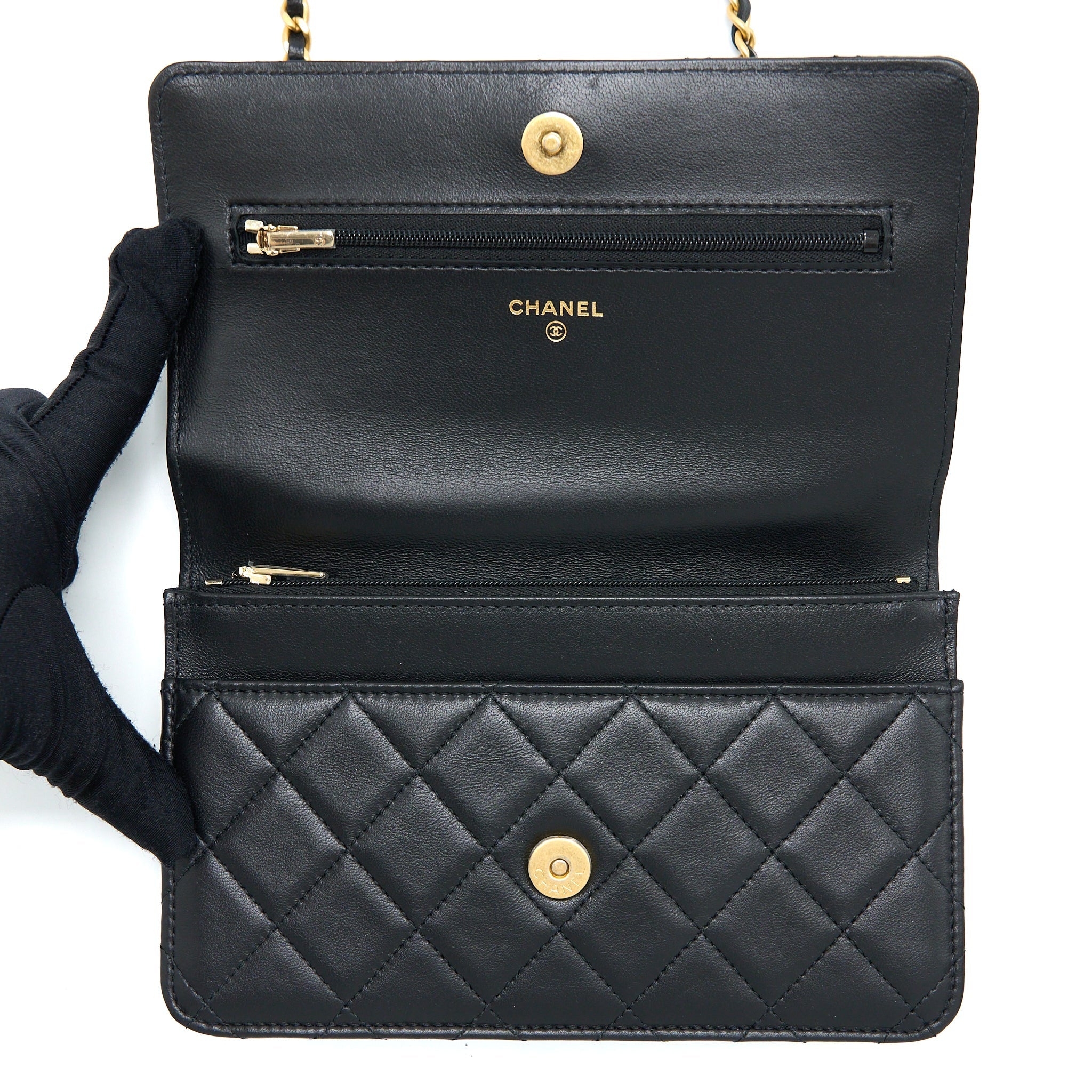 CHANEL TOP HANDLE WALLET ON CHAIN LAMBSKIN BLACK BRUSHED GHW (MICROCHIP)