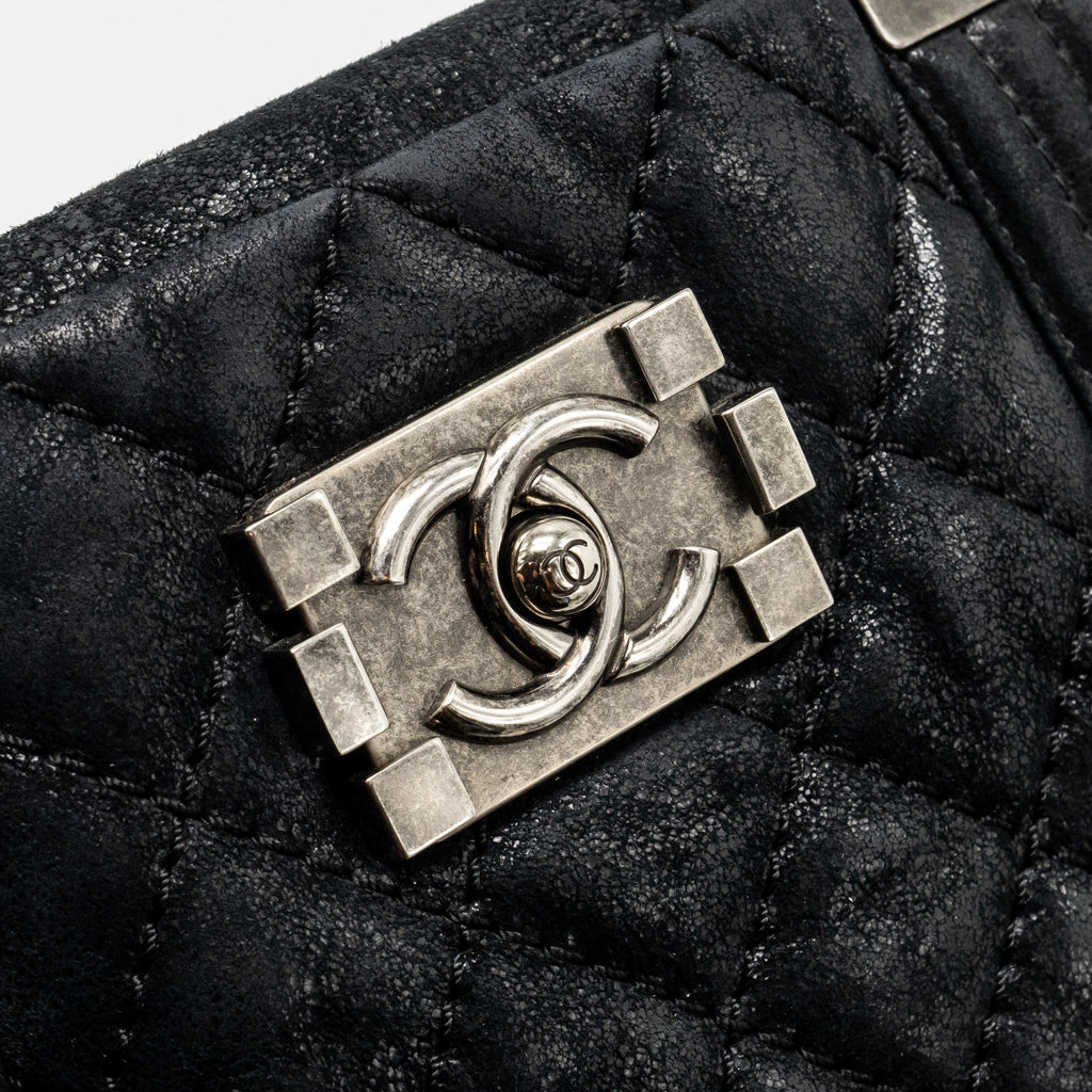 CHANEL LARGE BOY SHOPPING TOTE BAG CALFSKIN IRIDESCENT NAVY SHW