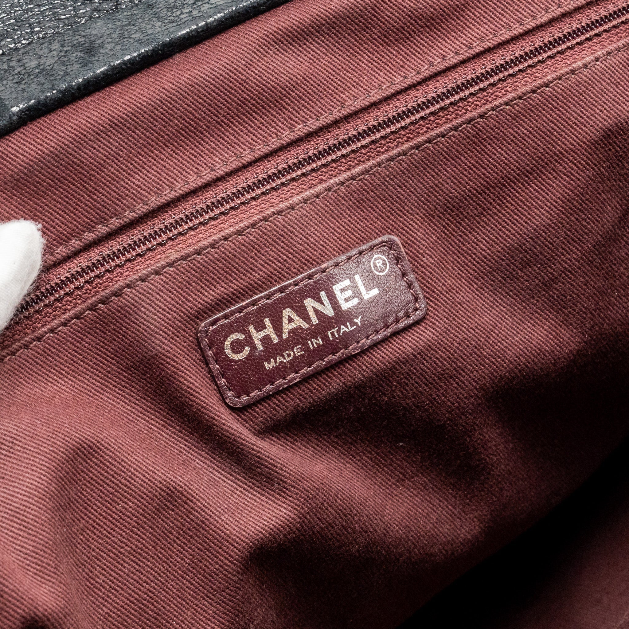 CHANEL LARGE BOY SHOPPING TOTE BAG CALFSKIN IRIDESCENT NAVY SHW