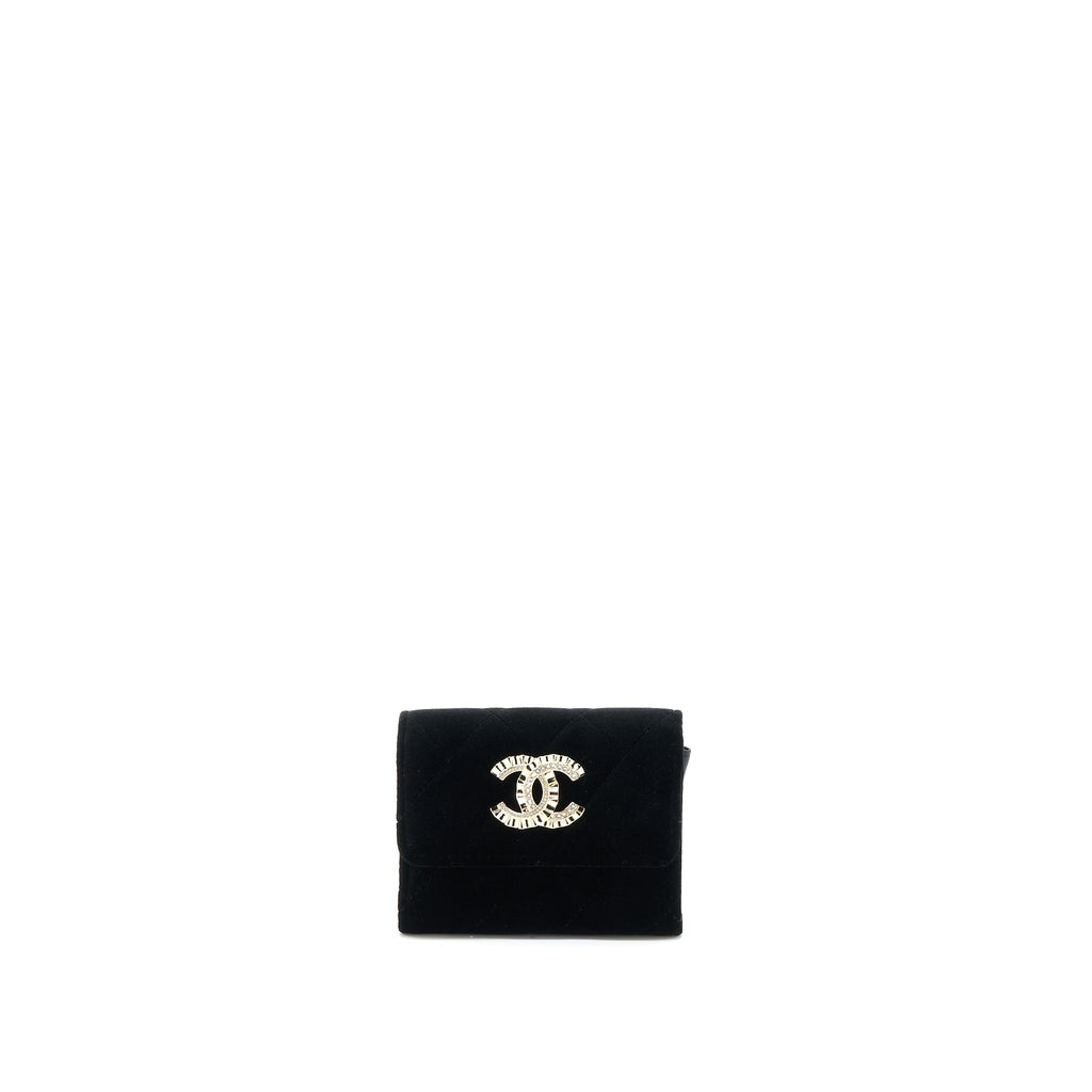CHANEL FLAP CARD HOLDER GIANT CC LOGO VELVET BLACK LGHW