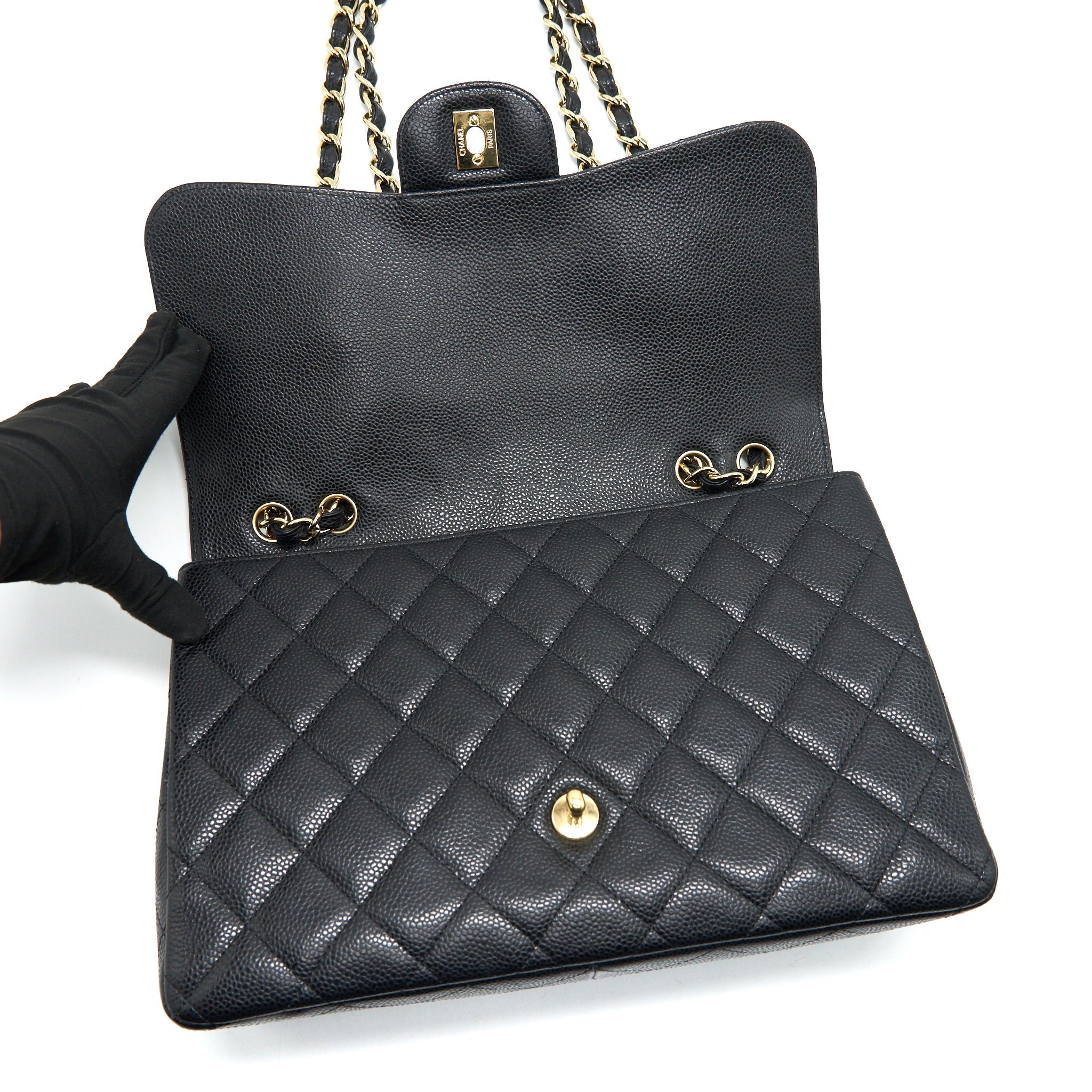 CHANEL CLASSIC JUMBO SINGLE FLAP BAG BLACK CAVIER GHW