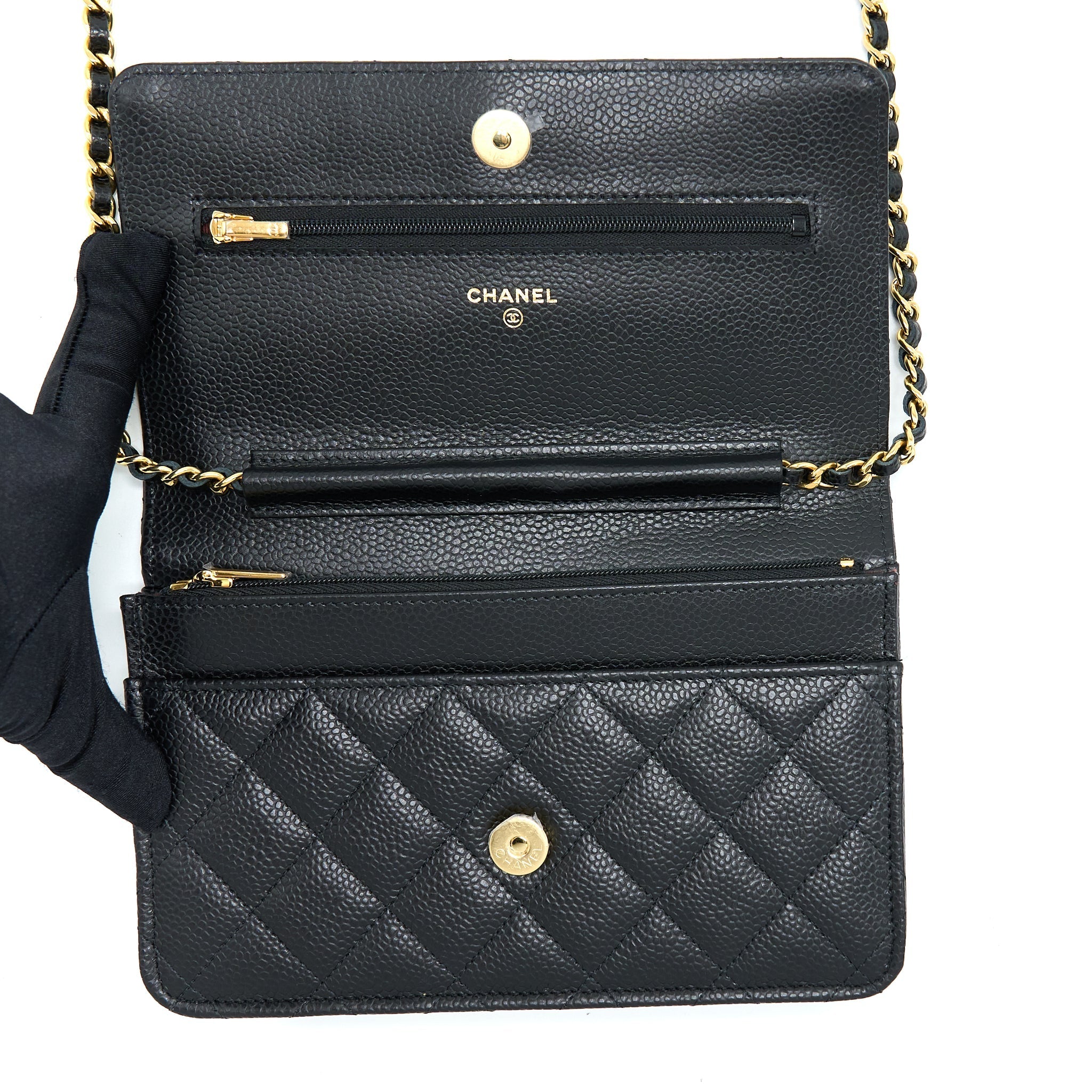 CHANEL CLASSIC WALLET ON CHAIN CAVIAR BLACK GHW (MICROCHIP)