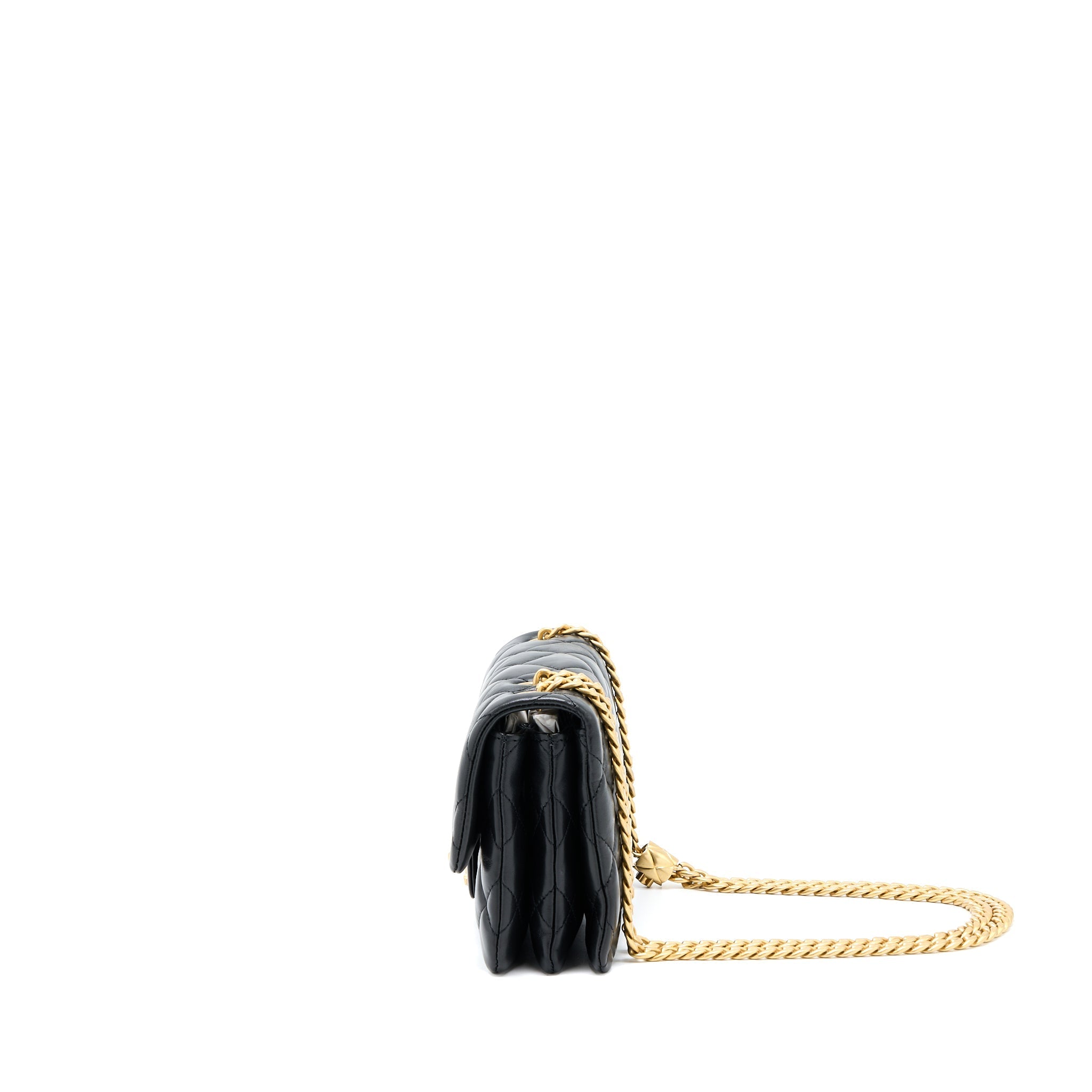 CHANEL 22K GOLD PILLAR ADJUSTMENT CHAIN FLAP BAG LAMBSKIN BLACK GHW (MICROCHIP)