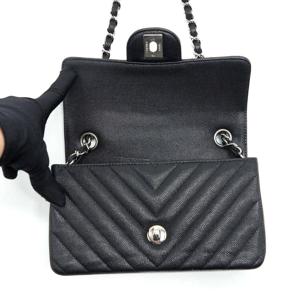 CHANEL CHEVRON MINI RECTANGULAR FLAP BAG CAVIAR BLACK SHW