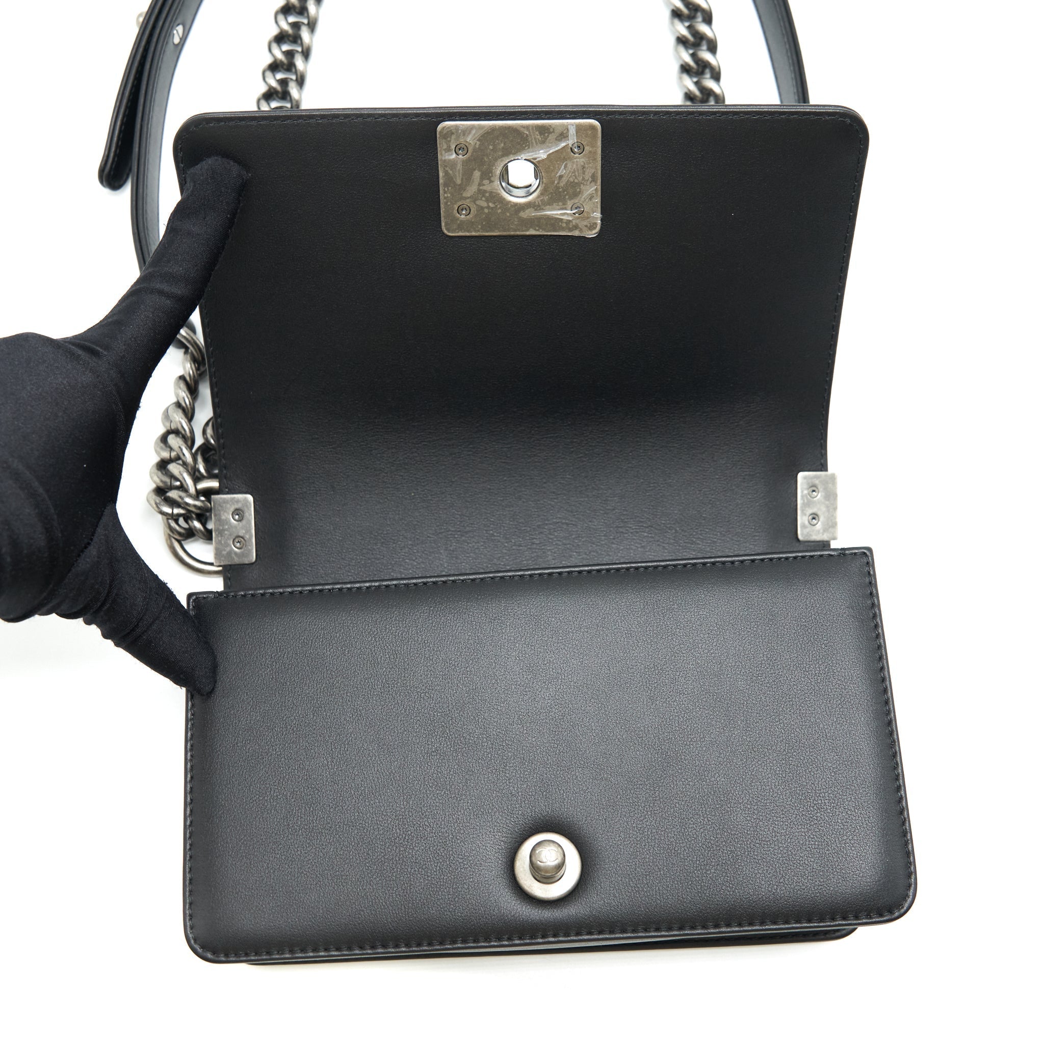 CHANEL SMALL BOY CALFSKIN BLACK RUTHENIUM SLIVER HARDWARE