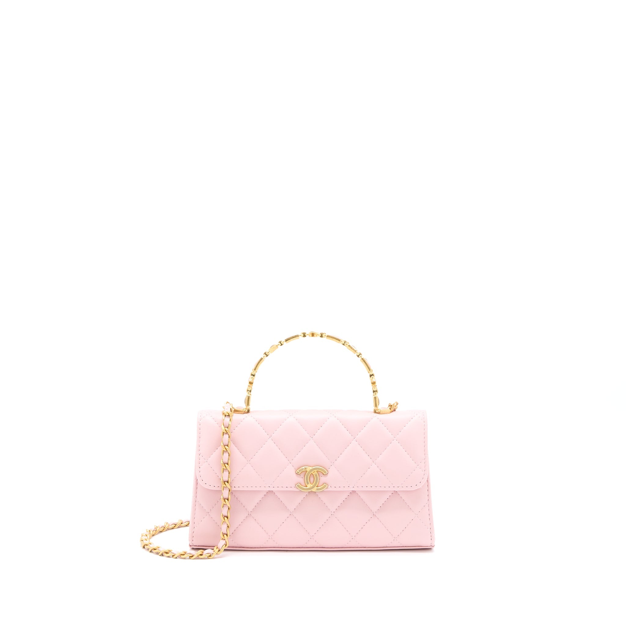CHANEL 22B FLAP BAG ENAMEL/CC LOGO TOP HANDLE LAMBSKIN NJ523 LIGHT PINK BRUSHED GHW