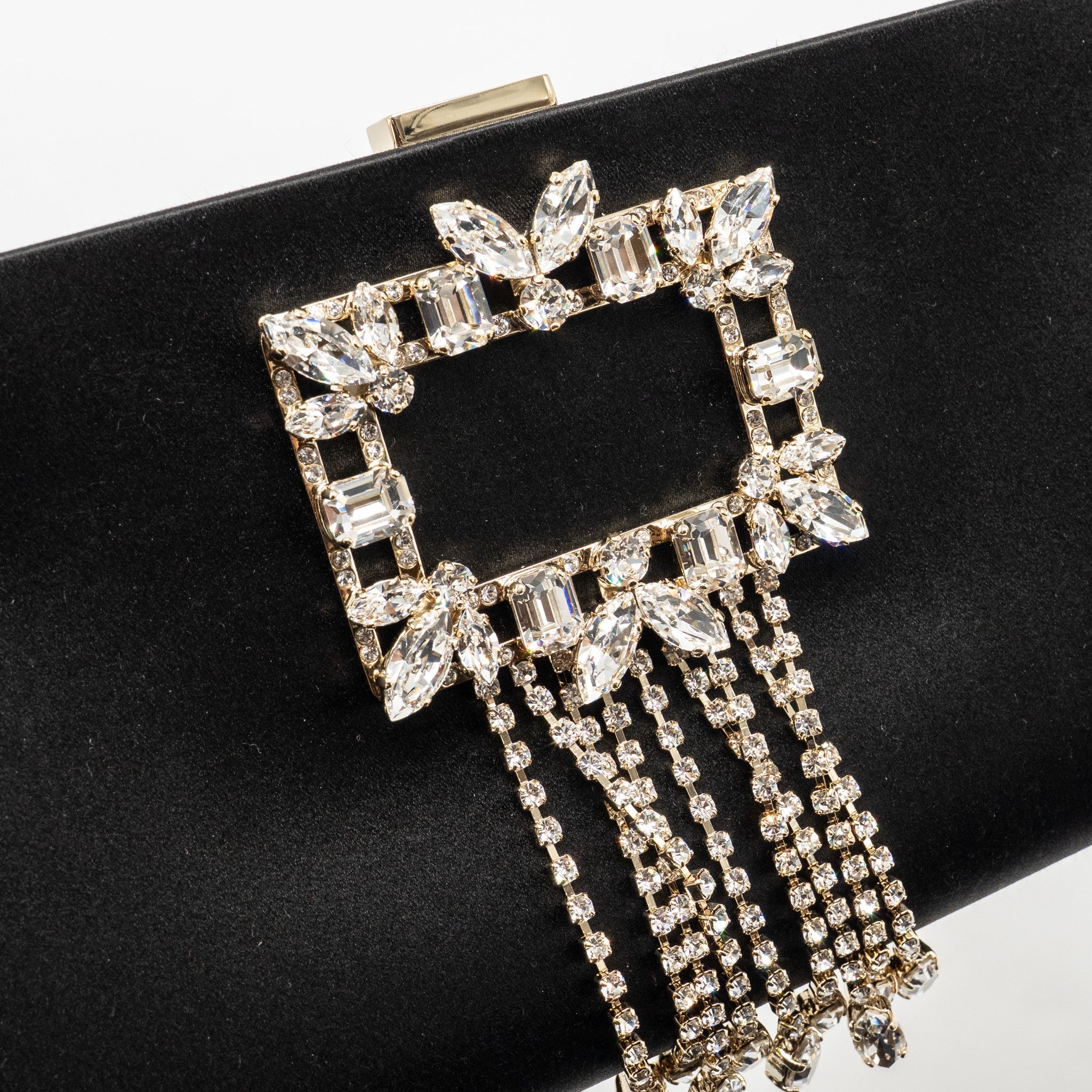 ROGER VIVIER STRASS BUCKLED CLUTCH/PURSE WITH CHAIN SATIN BLACK LGHW