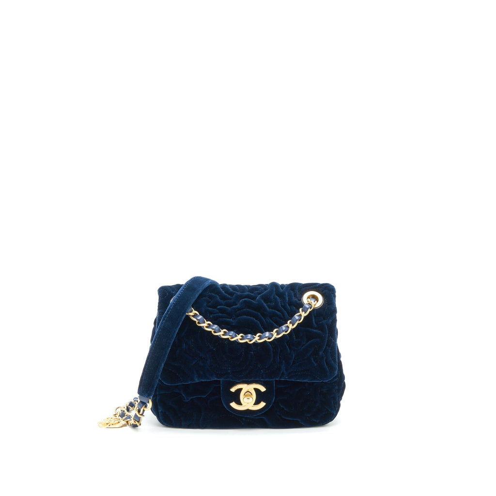 CHANEL VELVET CAMELLIA EMBOSSED MINI SQUARE FLAP BAG NAVY GHW (MICROCHIP)