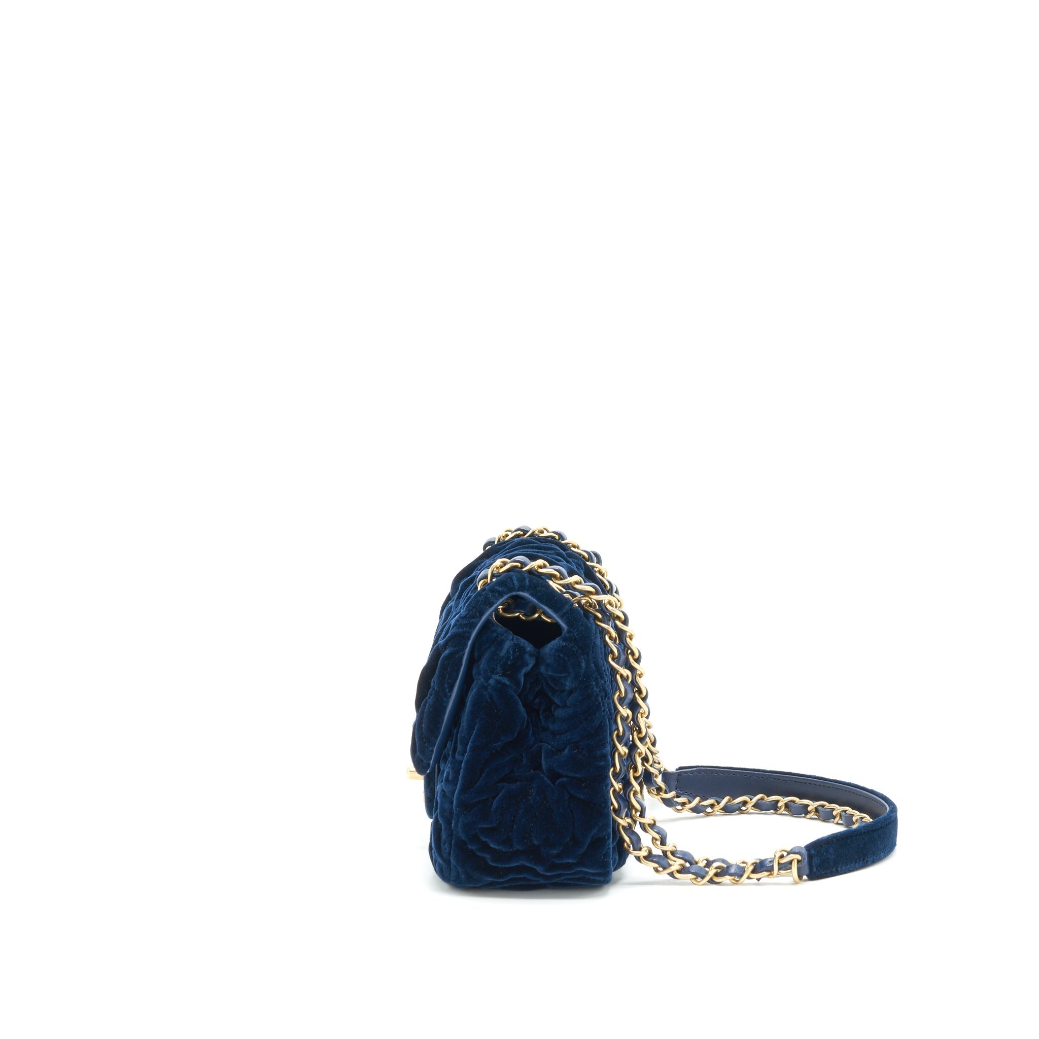 CHANEL VELVET CAMELLIA EMBOSSED MINI SQUARE FLAP BAG NAVY GHW (MICROCHIP)