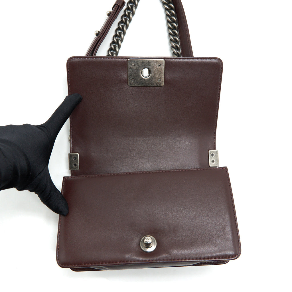 CHANEL CHEVRON SMALL BOY BAG LAMBSKIN BURGUNDY RUTHENIUM HARDWARE