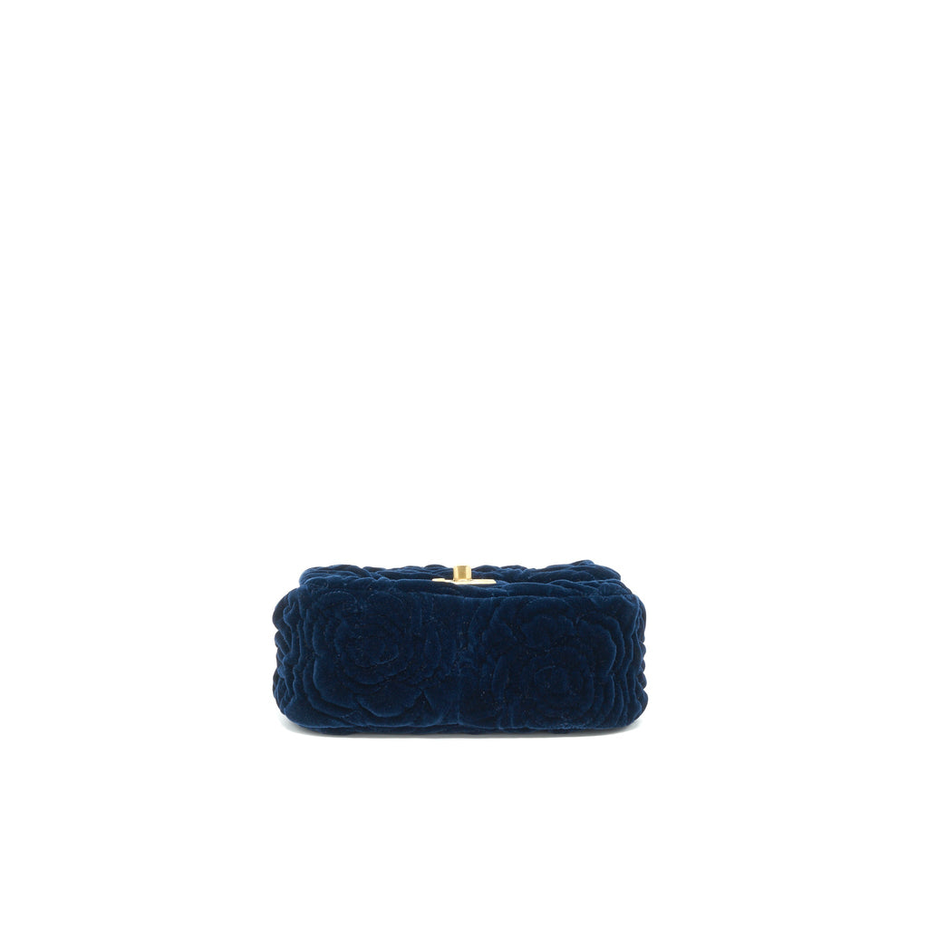 CHANEL VELVET CAMELLIA EMBOSSED MINI SQUARE FLAP BAG NAVY GHW (MICROCHIP)