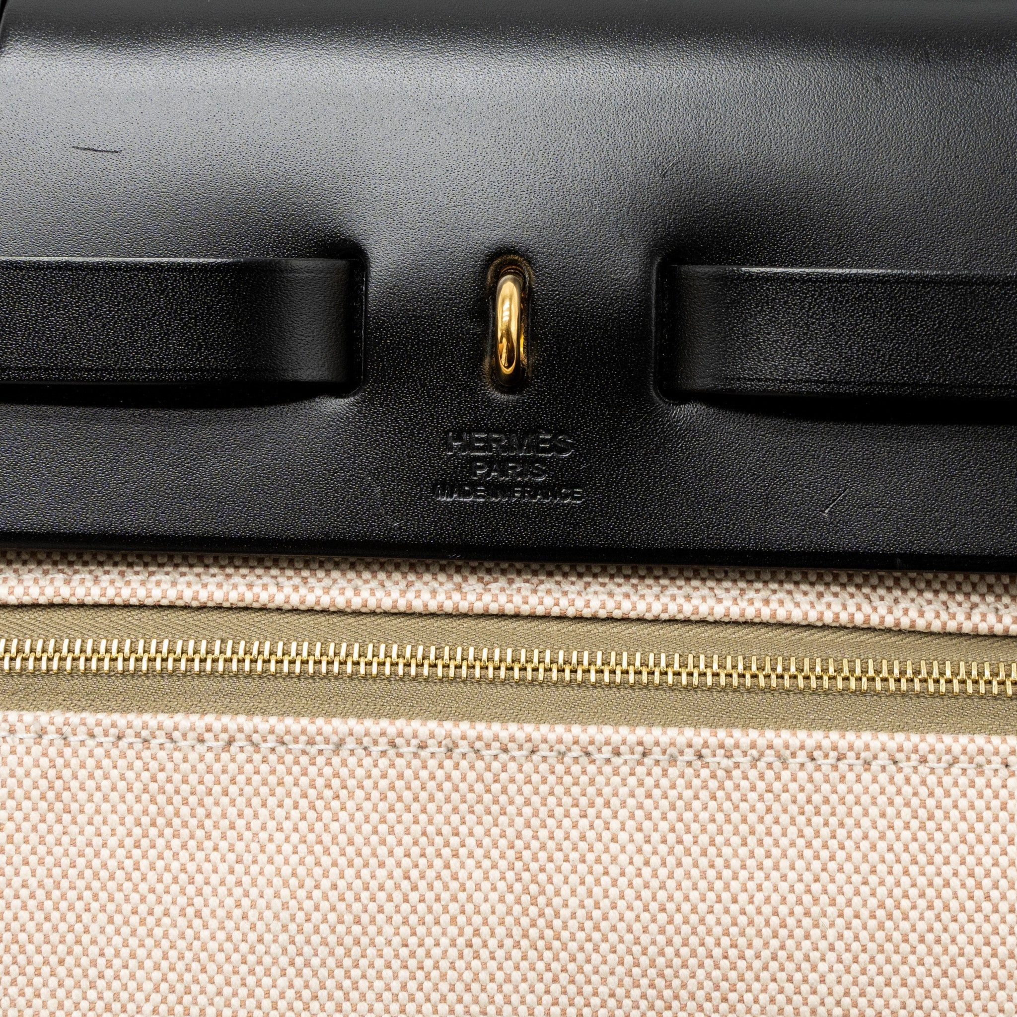 HERMES HERBAG 31 ZIP BAG TOLIE H BERLINE CANVAS/VACHE HUNTER LICHEN/ECRU-BEIGE/BLACK GHW