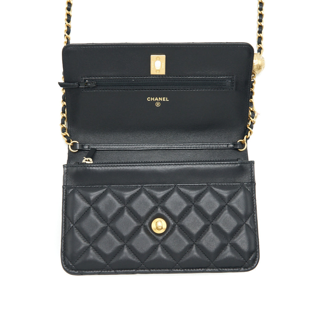 CHANEL 22C PEARL CRUSH WALLET ON CHAIN LAMBSKIN BLACK GHW (MICROCHIP)