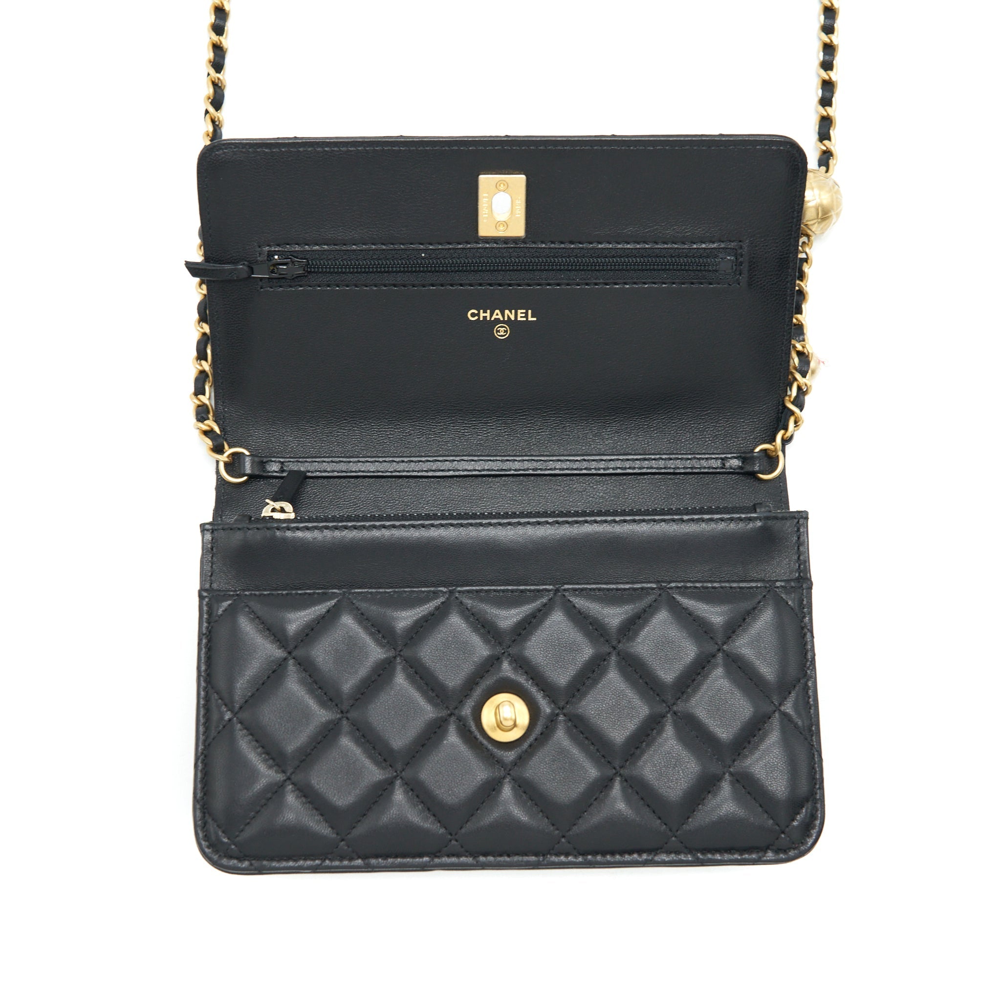 CHANEL 22C PEARL CRUSH WALLET ON CHAIN LAMBSKIN BLACK GHW (MICROCHIP)