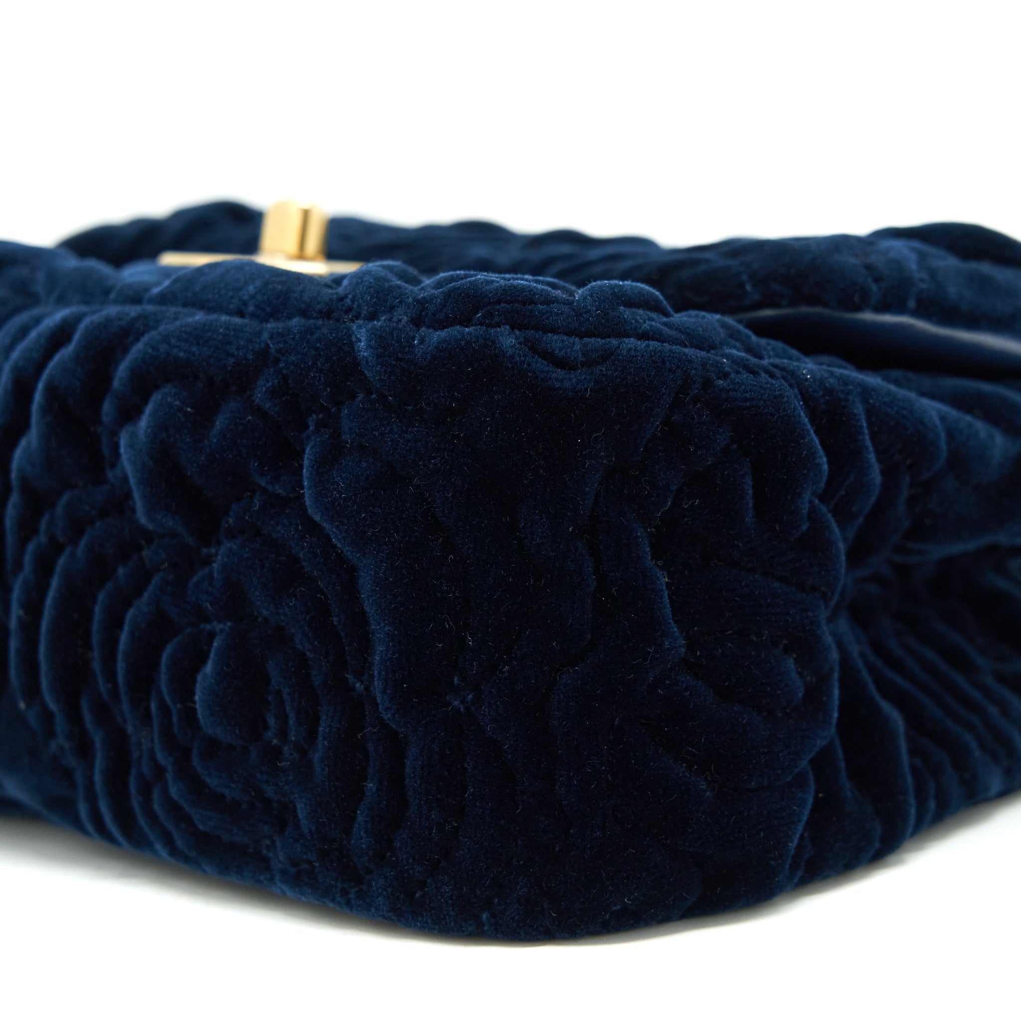 CHANEL VELVET CAMELLIA EMBOSSED MINI SQUARE FLAP BAG NAVY GHW (MICROCHIP)