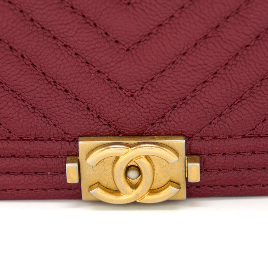 CHANEL BOY WALLET ON CHAIN CHEVRON CAVIAR RED BRUSHED GHW