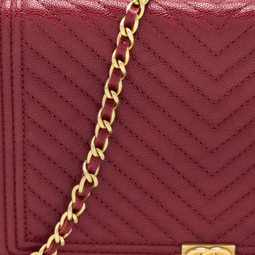 CHANEL BOY WALLET ON CHAIN CHEVRON CAVIAR RED BRUSHED GHW