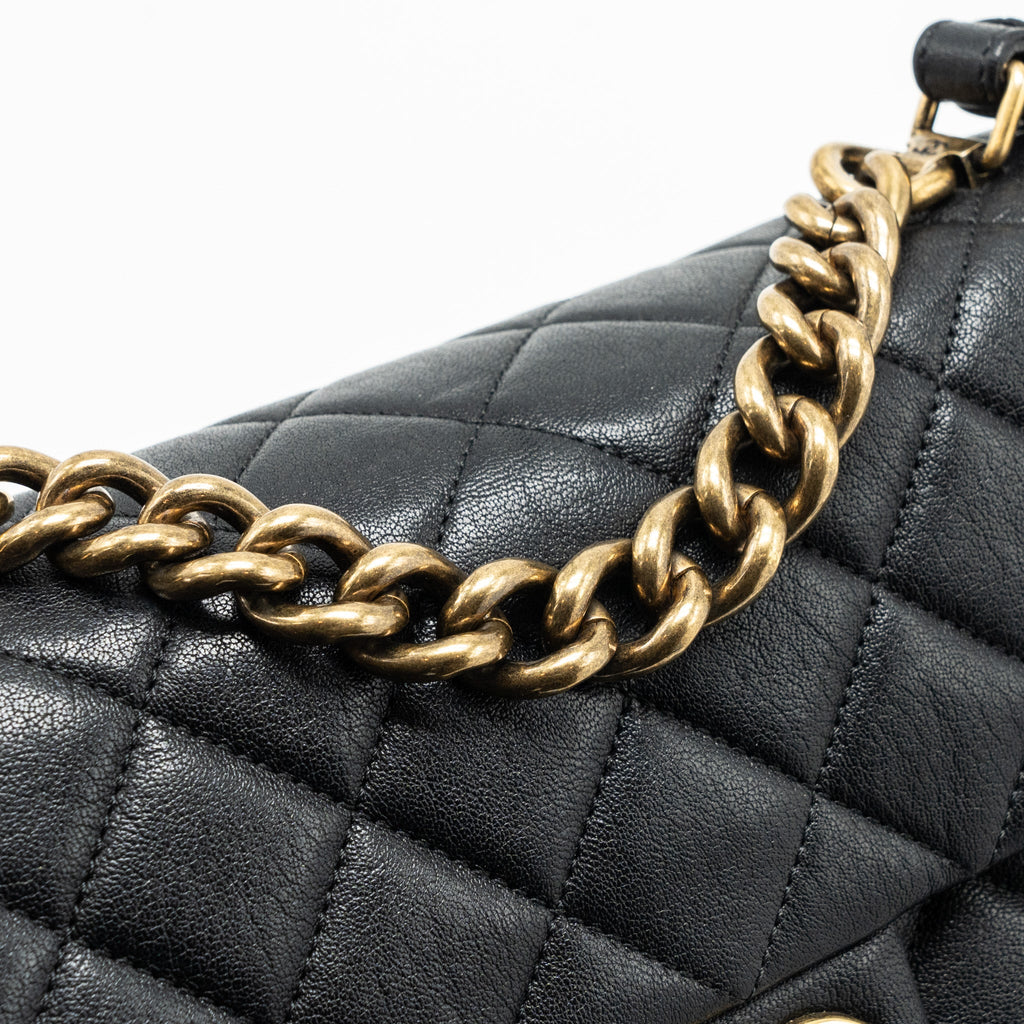 CHANEL CHAINS HANDLE FLAP BAG LAMBSKIN BLACK GHW