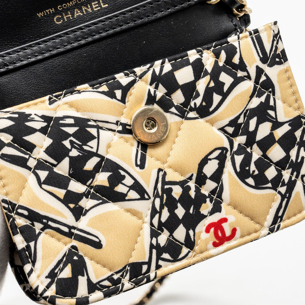 CHANEL MINI FLAP CLUTCH WITH CHAIN FABRIC BEIGE/MULTICOLOUR LGHW(MICROCHIP)