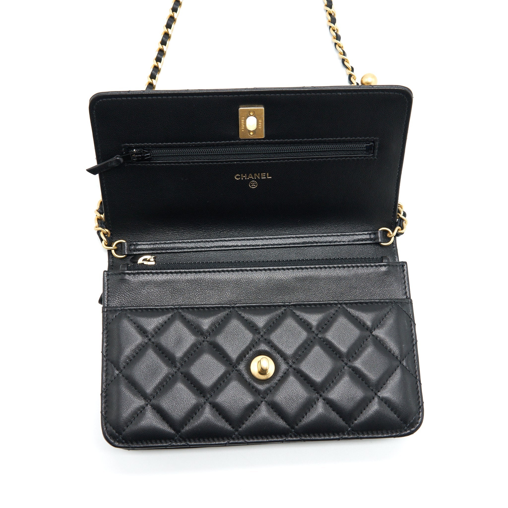 CHANEL PEARL CRUSH WALLET ON CHAIN LAMBSKIN BLACK GHW