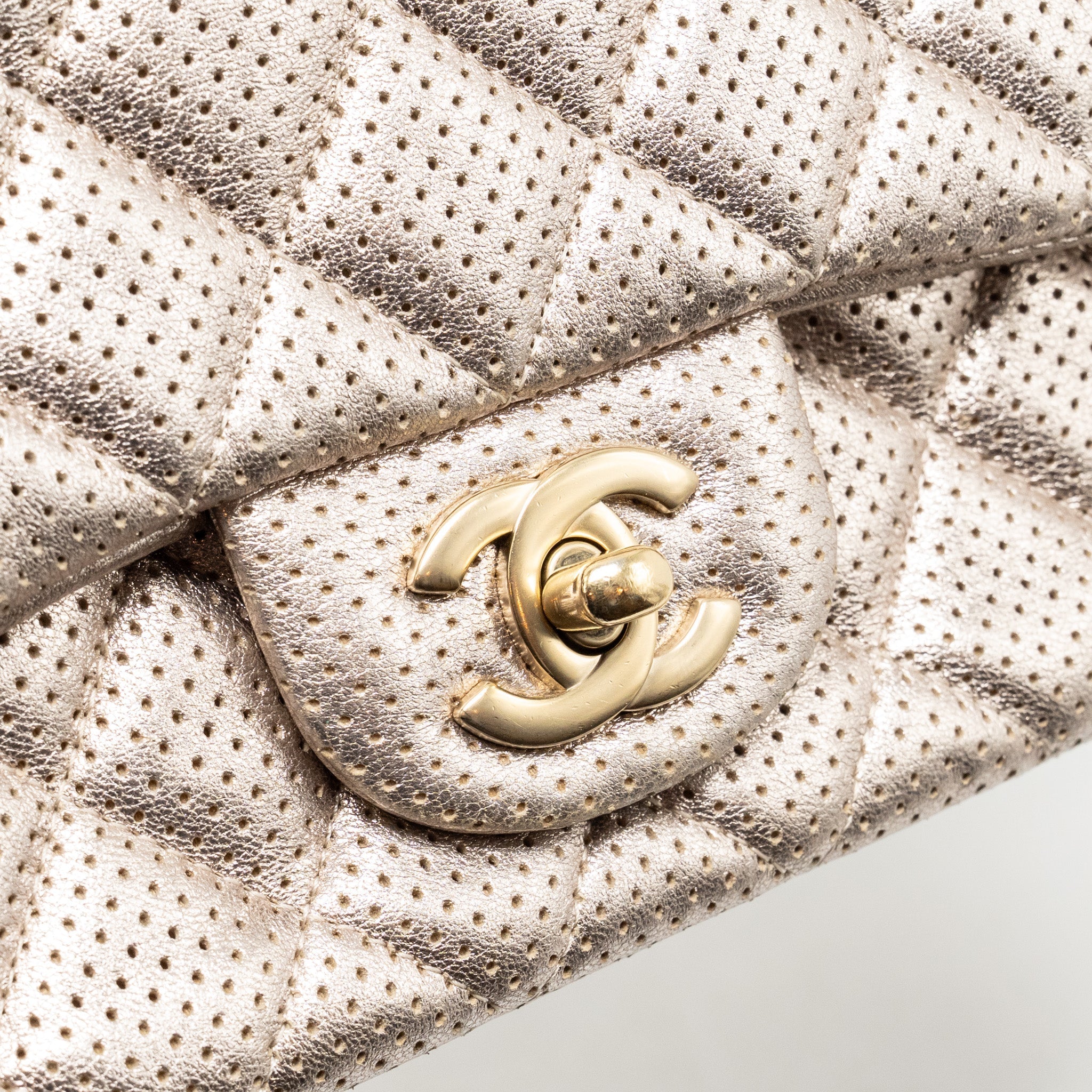 CHANEL MINI RECTANGULAR FLAP BAG PERFORATED METALLIC LAMBSKIN LIGHT GOLD LGHW