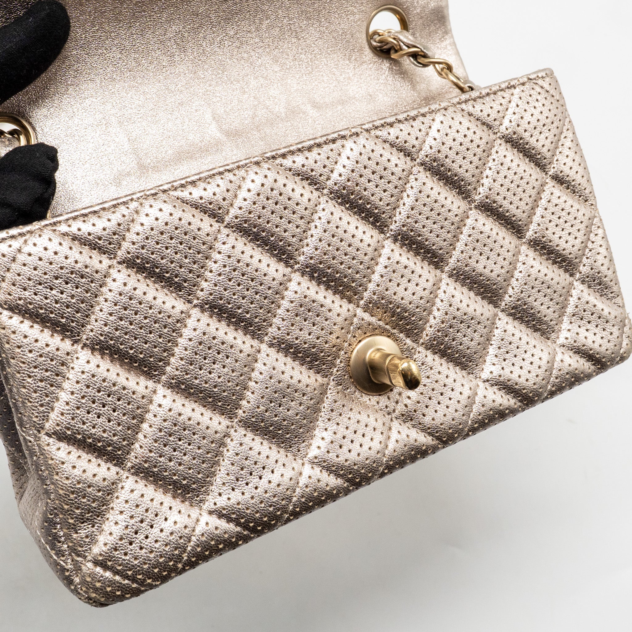 CHANEL MINI RECTANGULAR FLAP BAG PERFORATED METALLIC LAMBSKIN LIGHT GOLD LGHW
