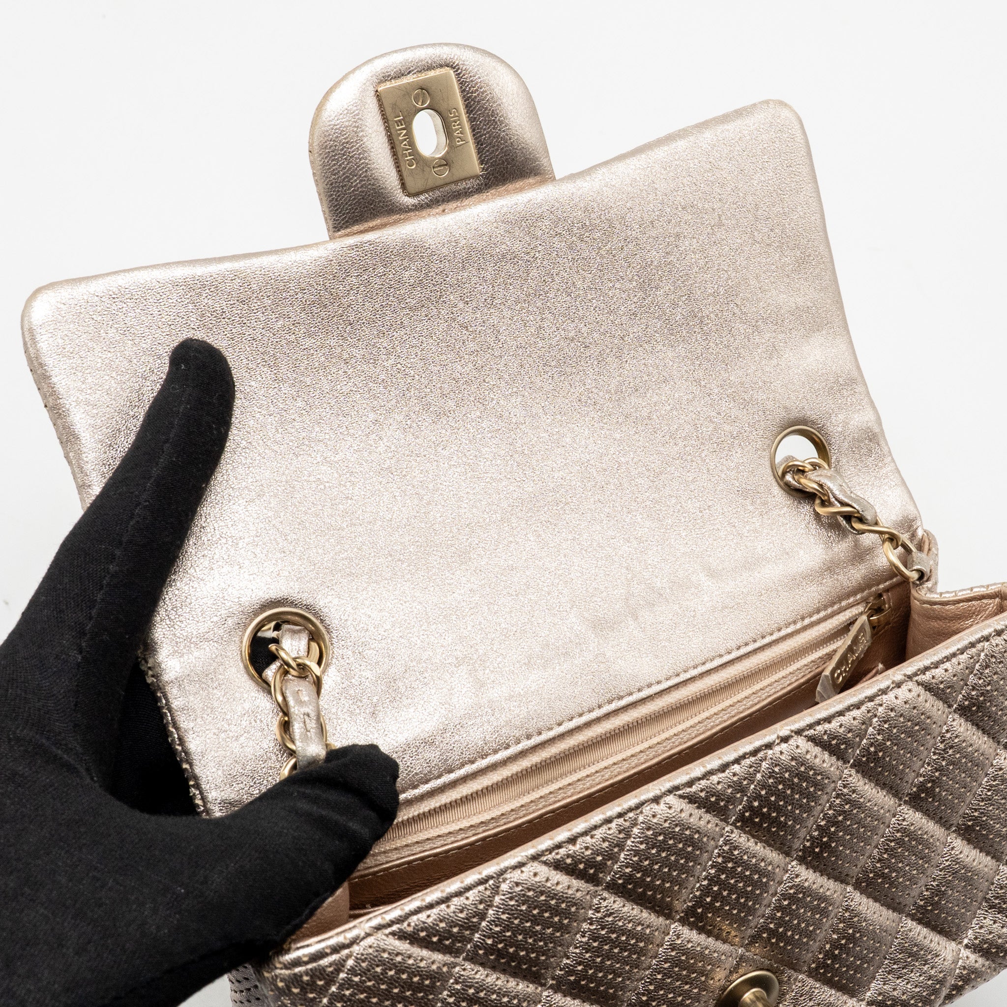 CHANEL MINI RECTANGULAR FLAP BAG PERFORATED METALLIC LAMBSKIN LIGHT GOLD LGHW