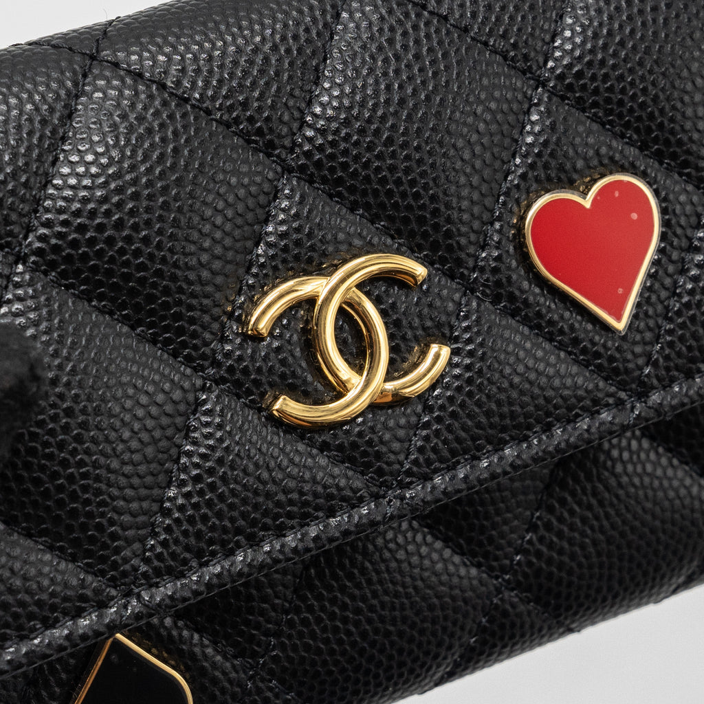 CHANEL QUILTED FLAP CARD HOLDER WITH HEART CHARM CAVIAR BLACK GHW (MICROCHIP)