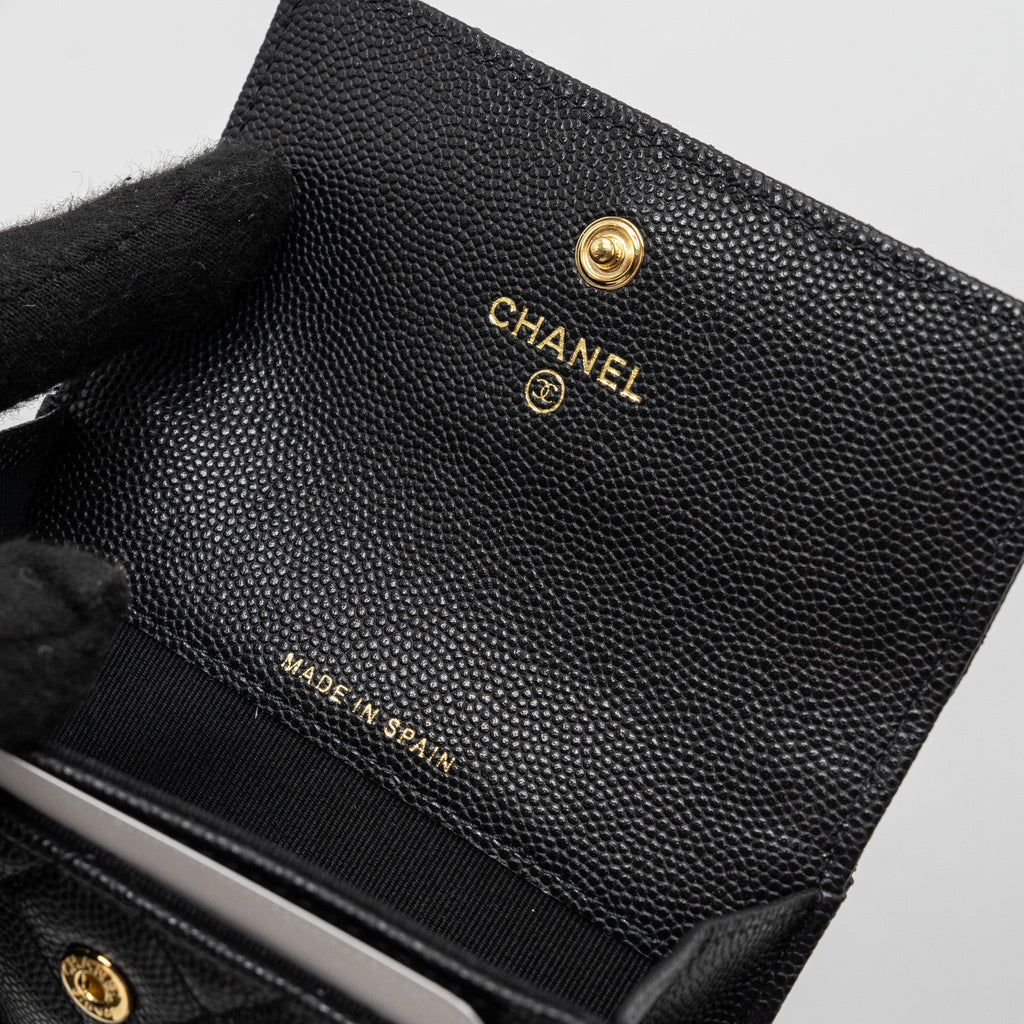 CHANEL QUILTED FLAP CARD HOLDER WITH HEART CHARM CAVIAR BLACK GHW (MICROCHIP)