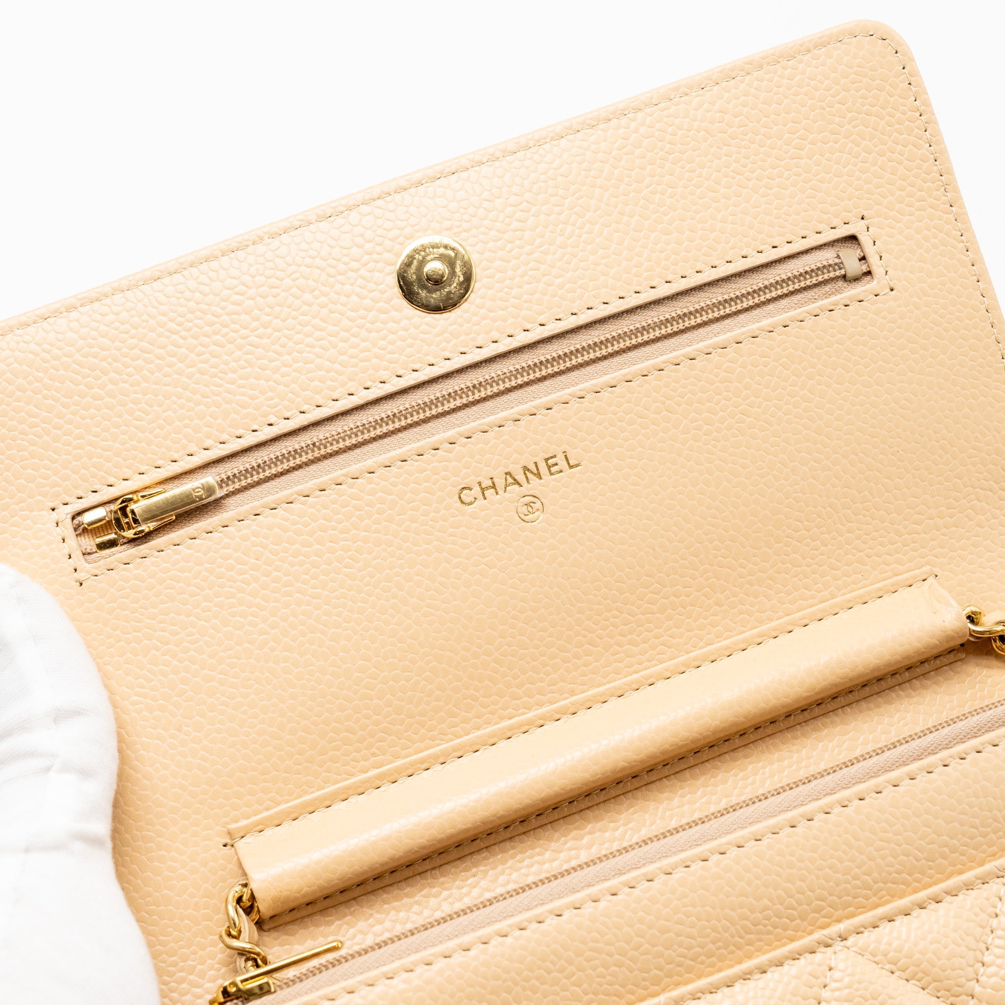 CHANEL CLASSIC WALLET ON CHAIN CAVIAR BEIGE GHW (MICROCHIP)