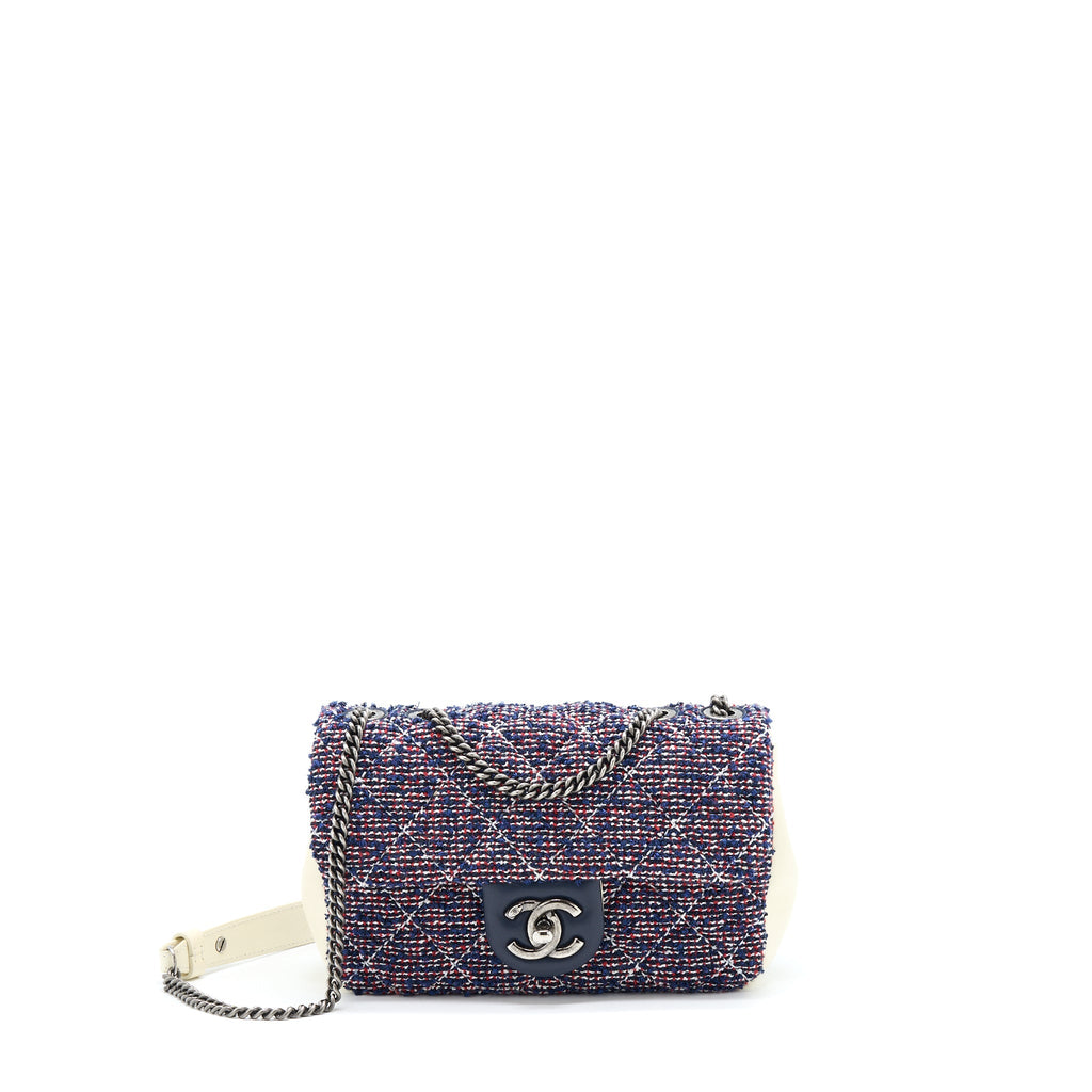 CHANEL SEASONAL MINI RECTANGULAR FLAP BAG TWEED BLUE/ RED/ WHITE RUTHENIUM HARDWARE
