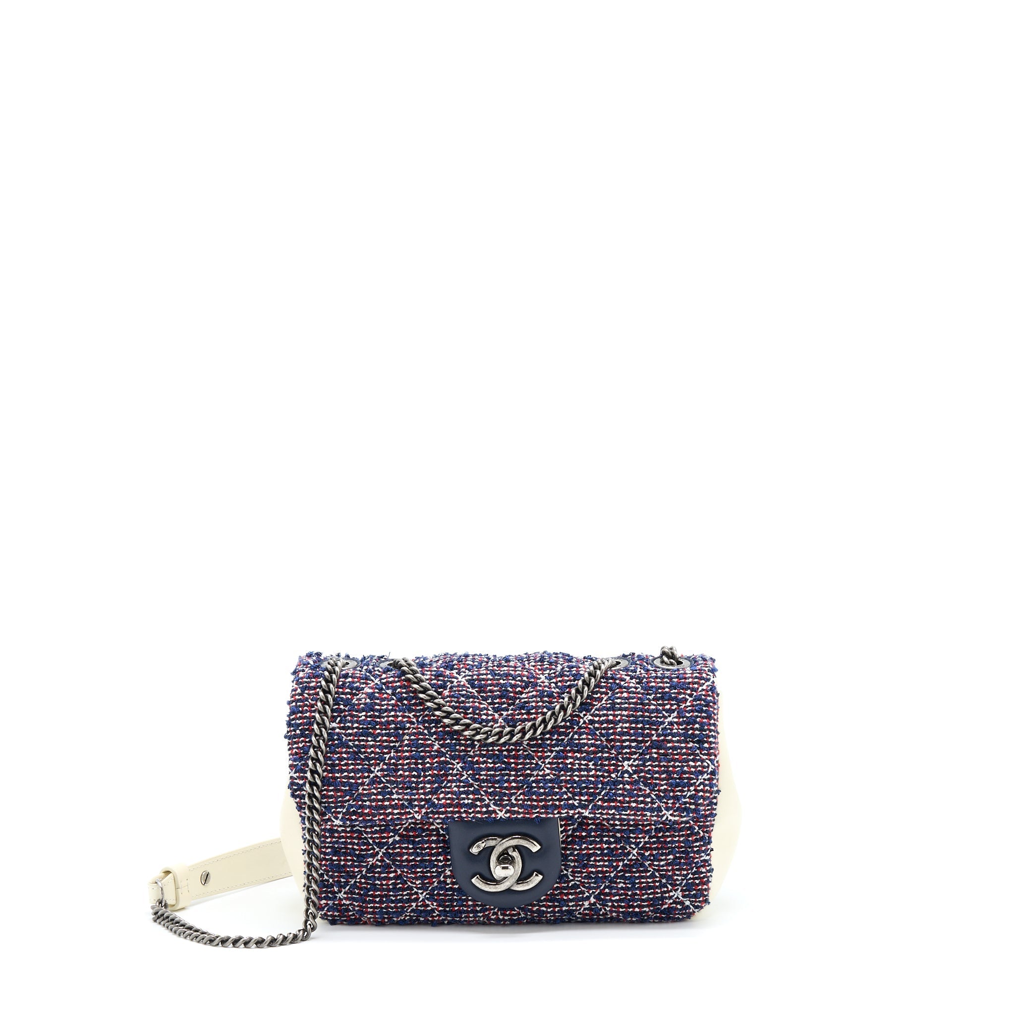 CHANEL SEASONAL MINI RECTANGULAR FLAP BAG TWEED BLUE/ RED/ WHITE RUTHENIUM HARDWARE
