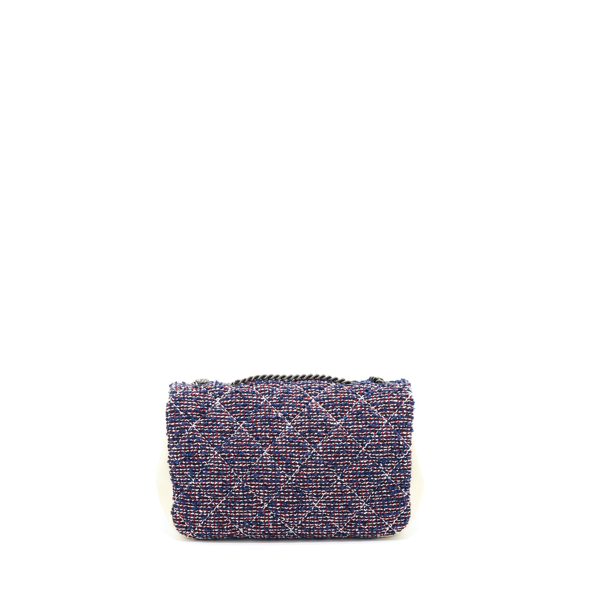 CHANEL SEASONAL MINI RECTANGULAR FLAP BAG TWEED BLUE/ RED/ WHITE RUTHENIUM HARDWARE