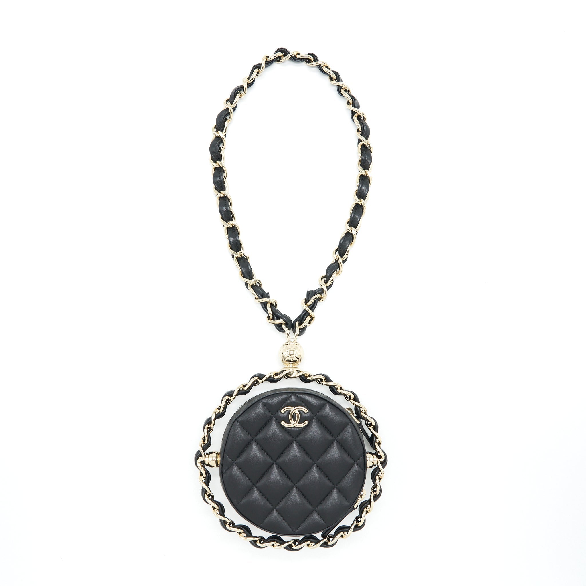 CHANEL ROUND CLUTCH WITH CHAIN LAMBSKIN BLACK LGHW