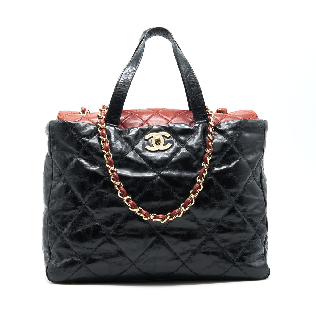 CHANEL CALFSKIN TOTE BAG WITH CHAIN BLACK AND RED GHW