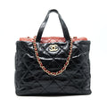 CHANEL CALFSKIN TOTE BAG WITH CHAIN BLACK AND RED GHW