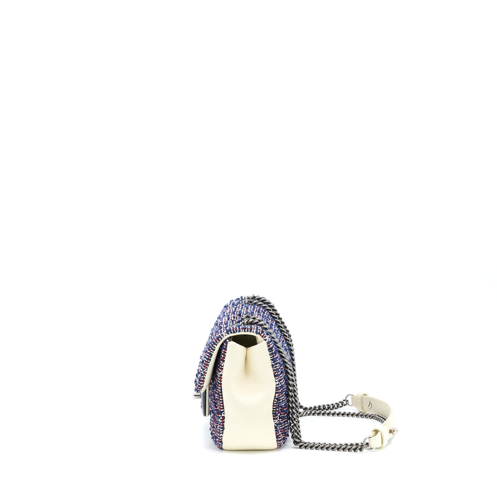 CHANEL SEASONAL MINI RECTANGULAR FLAP BAG TWEED BLUE/ RED/ WHITE RUTHENIUM HARDWARE