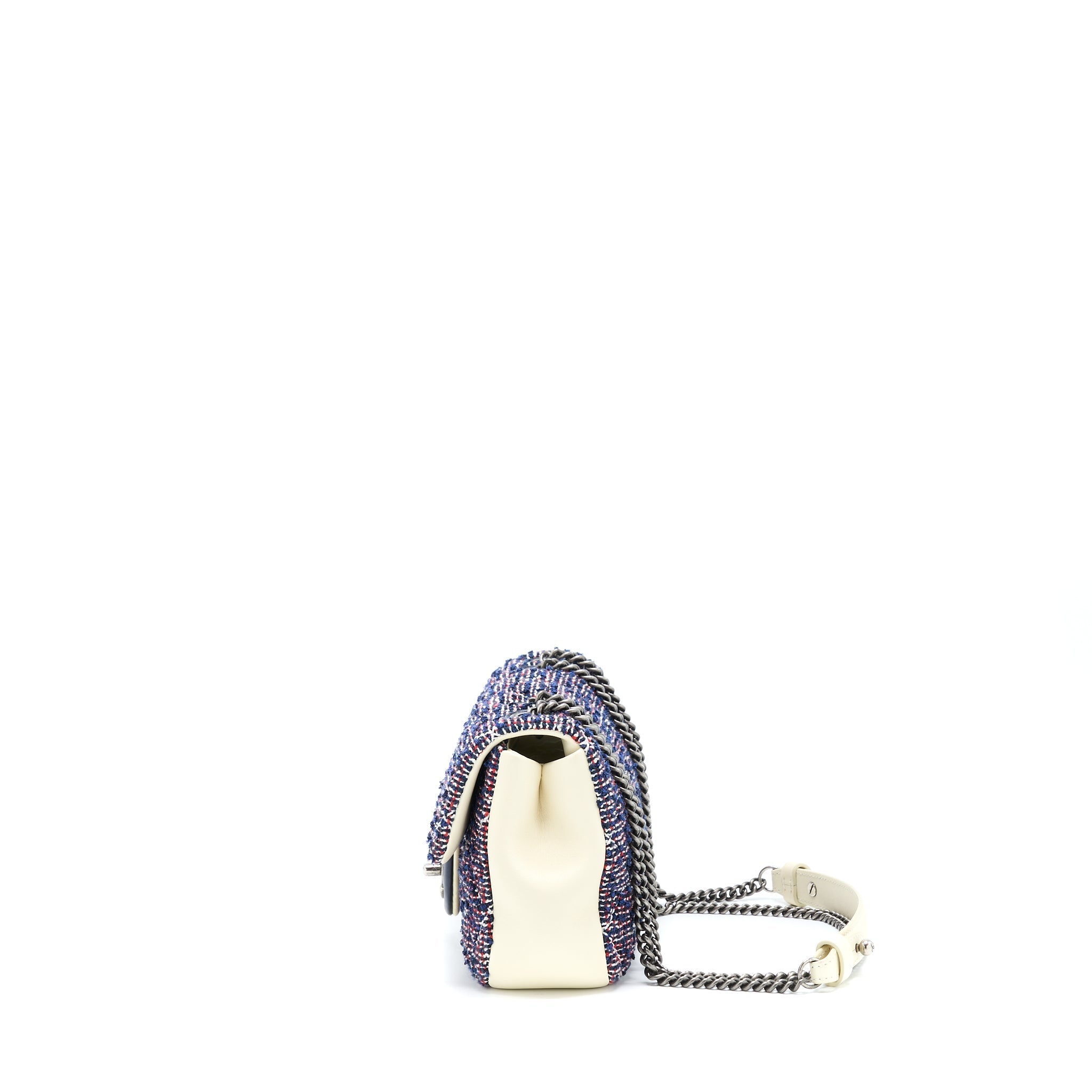 CHANEL SEASONAL MINI RECTANGULAR FLAP BAG TWEED BLUE/ RED/ WHITE RUTHENIUM HARDWARE