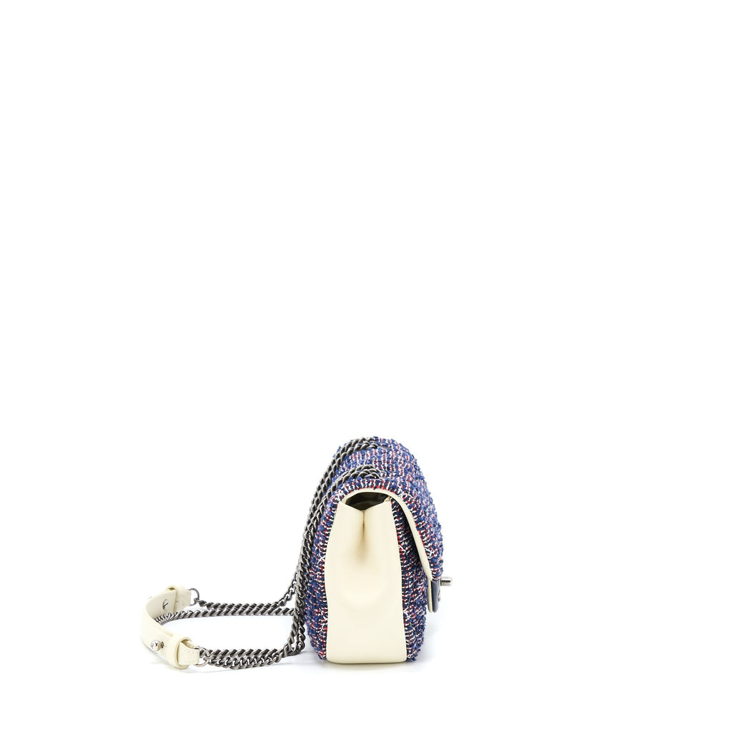 CHANEL SEASONAL MINI RECTANGULAR FLAP BAG TWEED BLUE/ RED/ WHITE RUTHENIUM HARDWARE