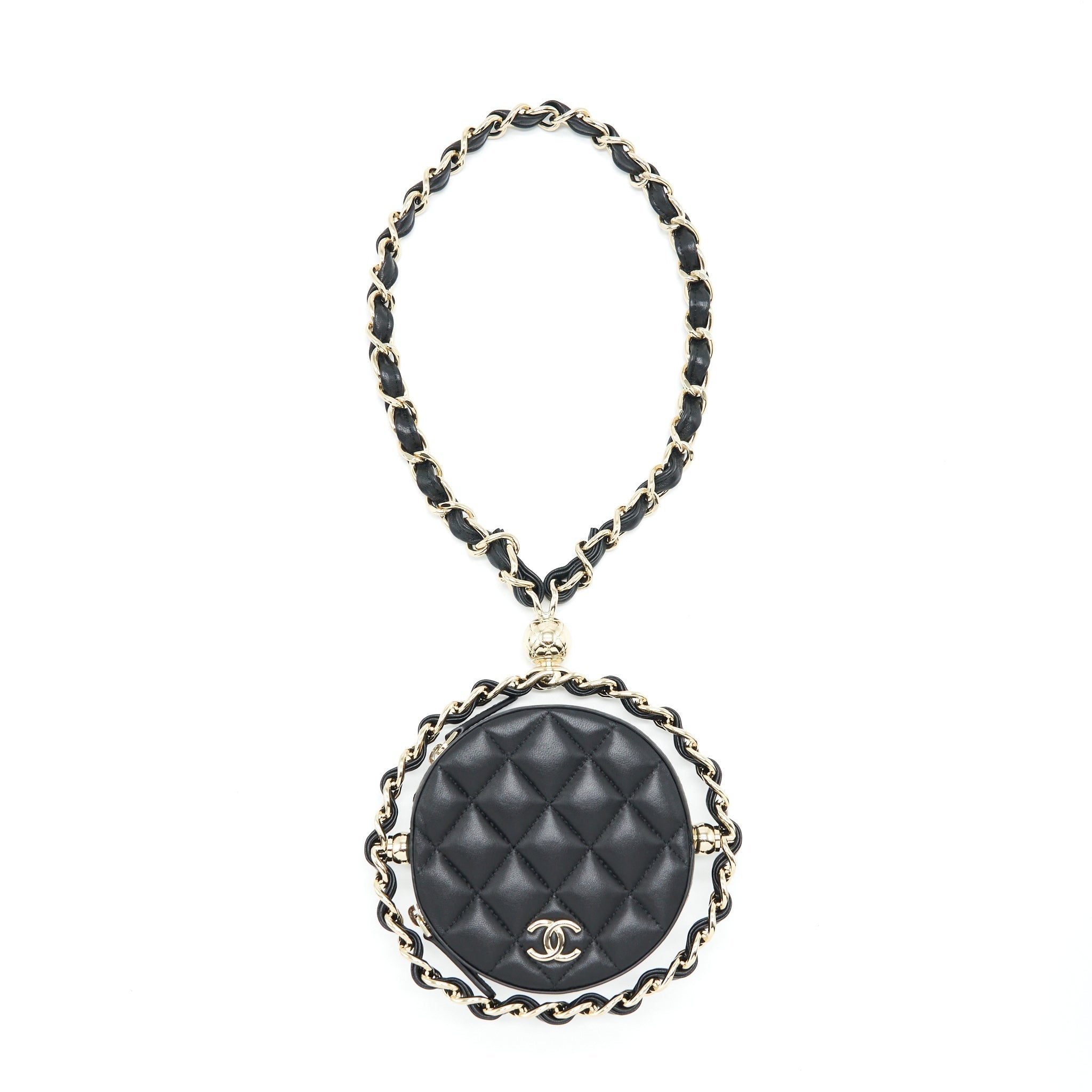 CHANEL ROUND CLUTCH WITH CHAIN LAMBSKIN BLACK LGHW
