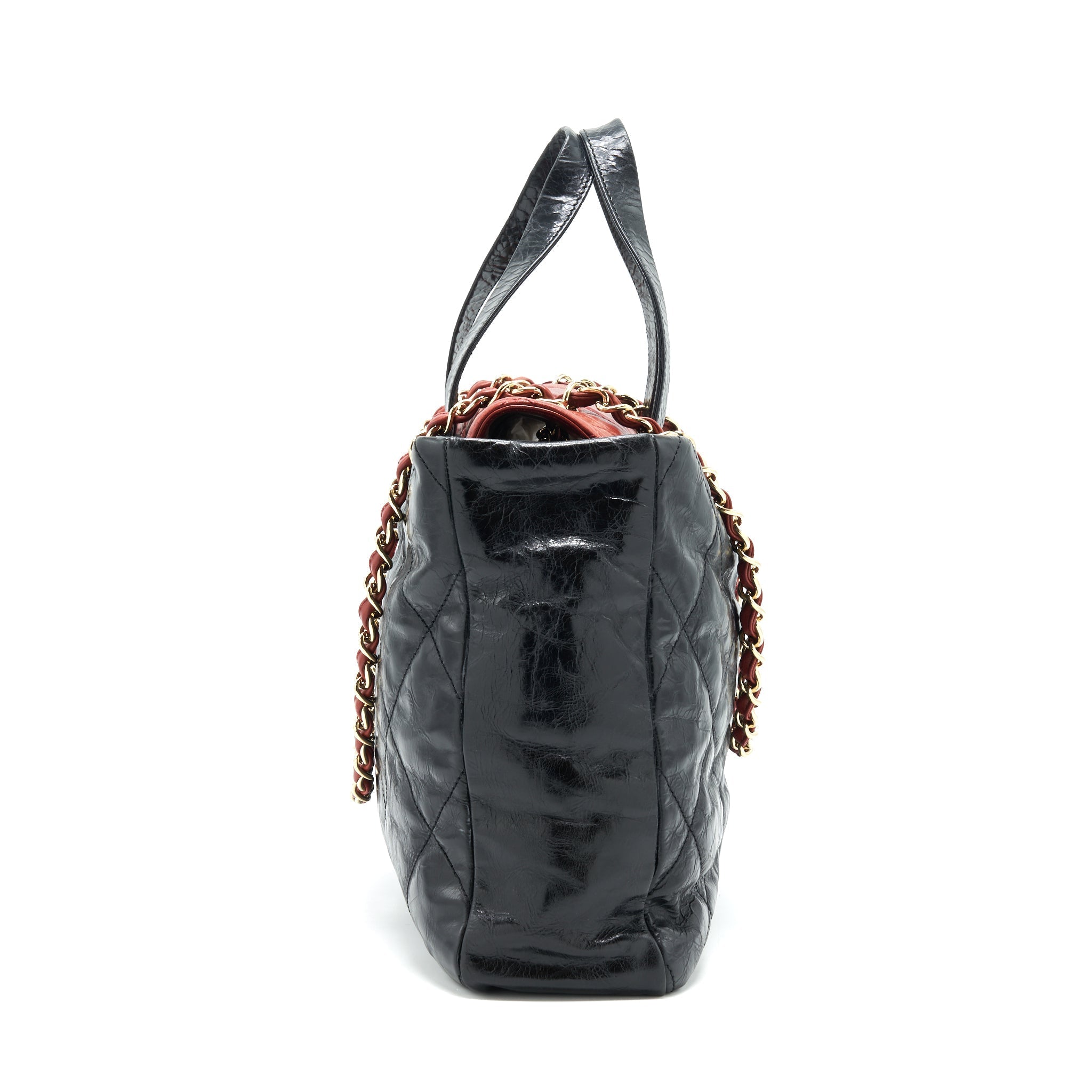 CHANEL CALFSKIN TOTE BAG WITH CHAIN BLACK AND RED GHW
