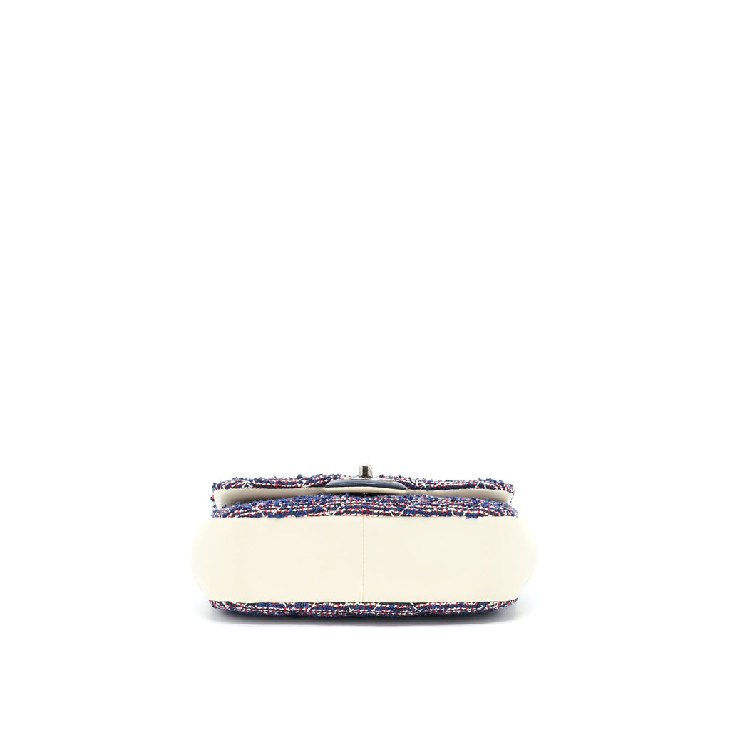 CHANEL SEASONAL MINI RECTANGULAR FLAP BAG TWEED BLUE/ RED/ WHITE RUTHENIUM HARDWARE